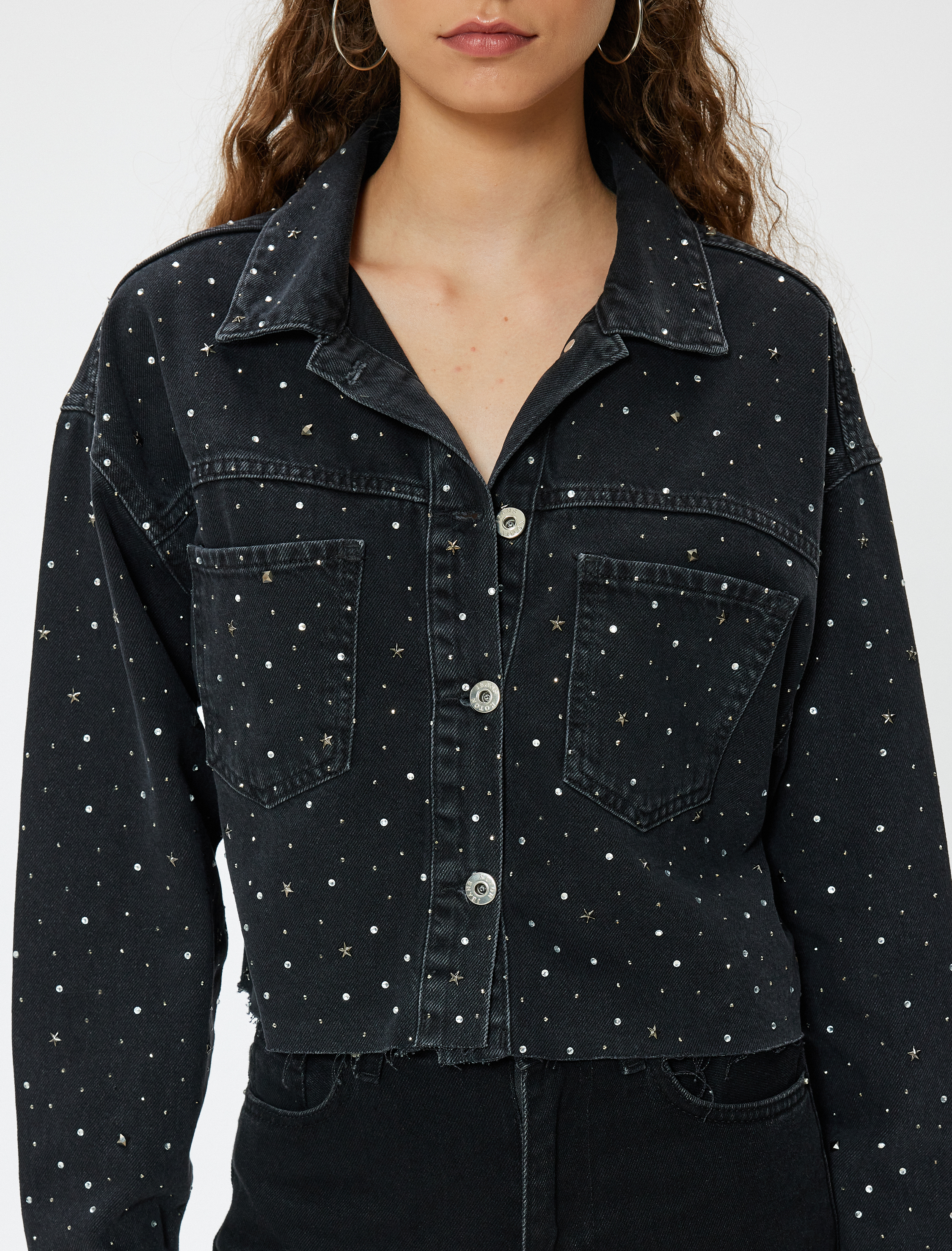   Oversize Taşlı Kot Ceket Cep Detaylı Klasik Yaka Düğmeli