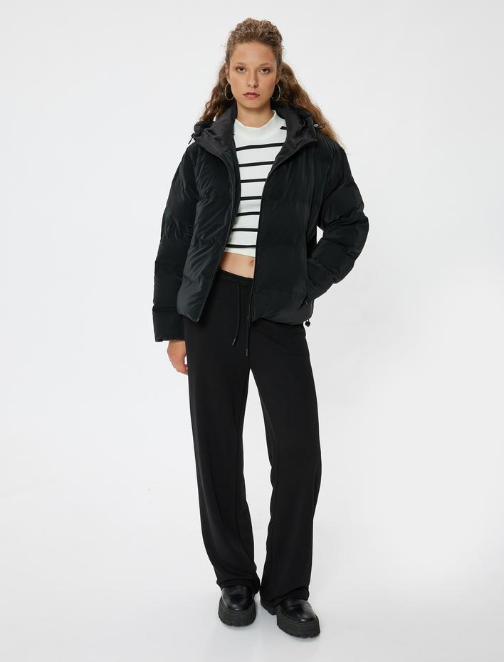  Kapşonlu Cepli Fermuarlı Oversize Şişme Mont