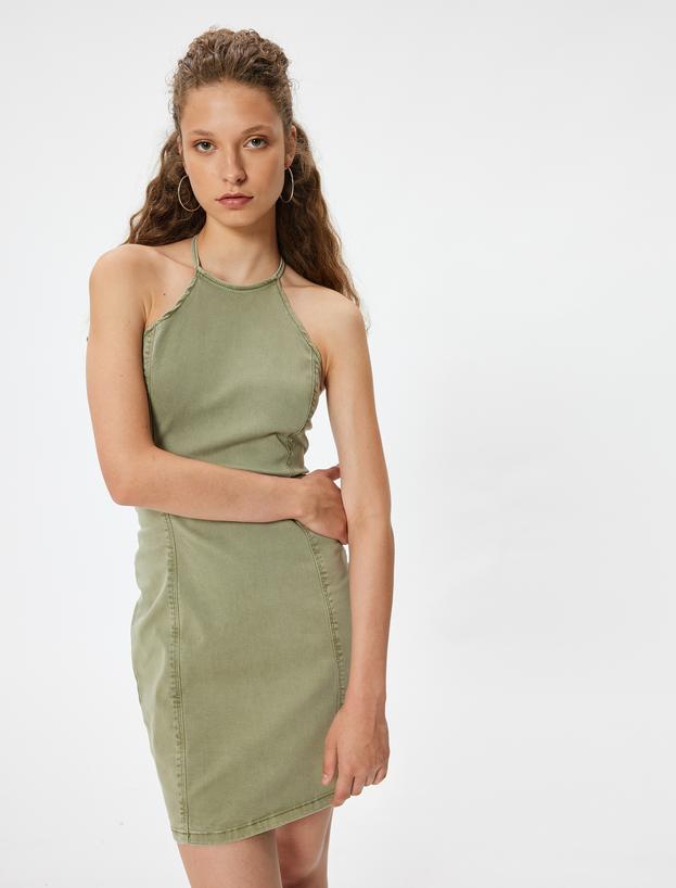 Halter Yaka Elbise Mini Kolsuz Dikiş Detaylı Slim Fit_0