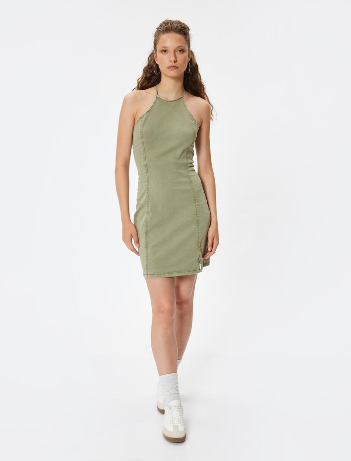  Halter Yaka Elbise Mini Kolsuz Dikiş Detaylı Slim Fit