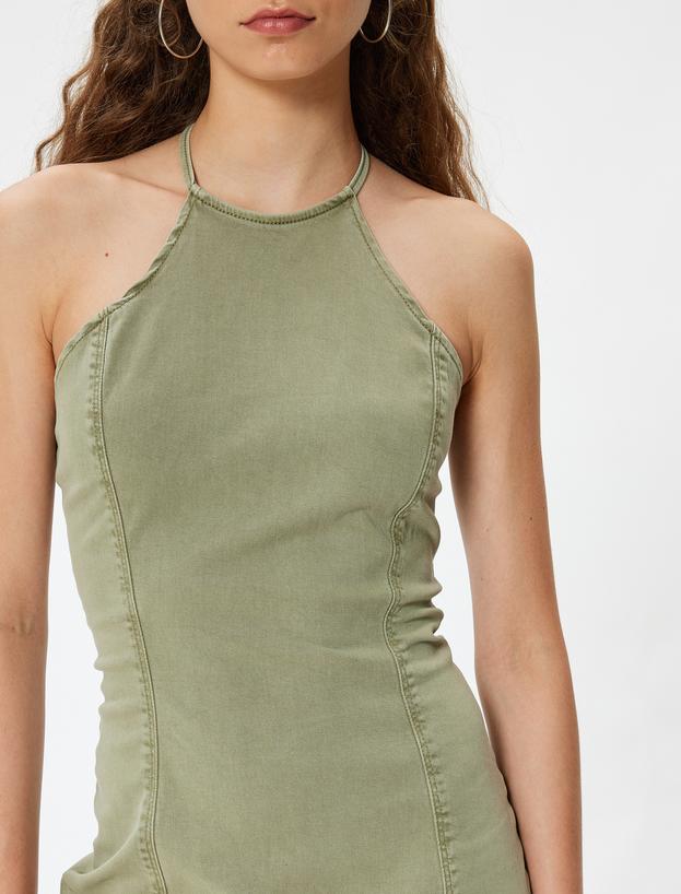 Halter Yaka Elbise Mini Kolsuz Dikiş Detaylı Slim Fit_4