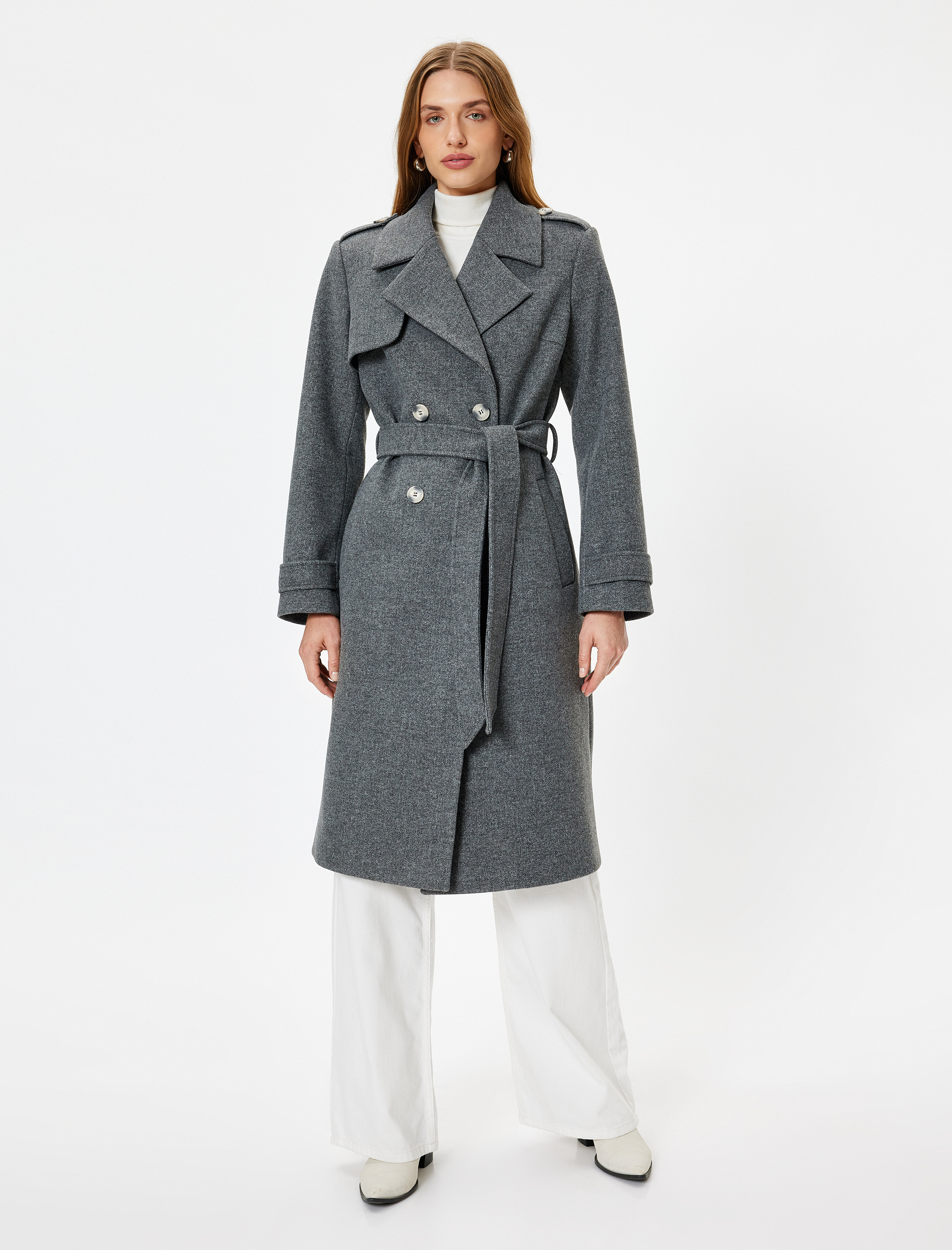   Uzun Trençkot Kaban Kruvaze Cepli Kemerli