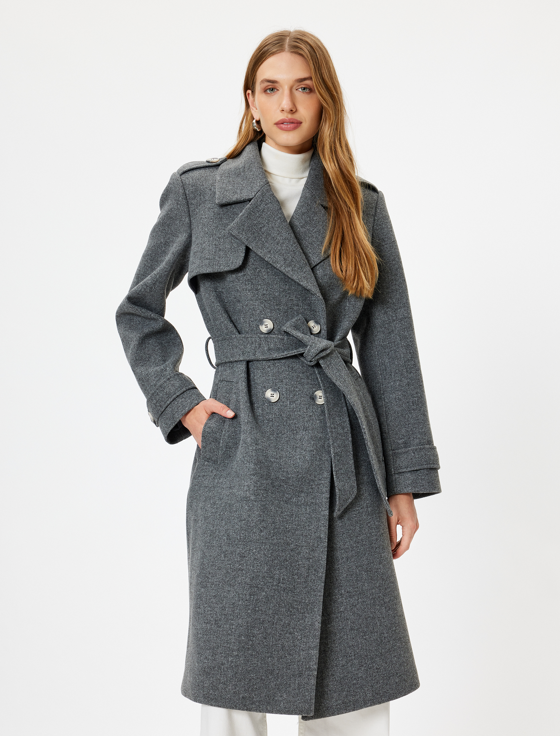   Uzun Trençkot Kaban Kruvaze Cepli Kemerli