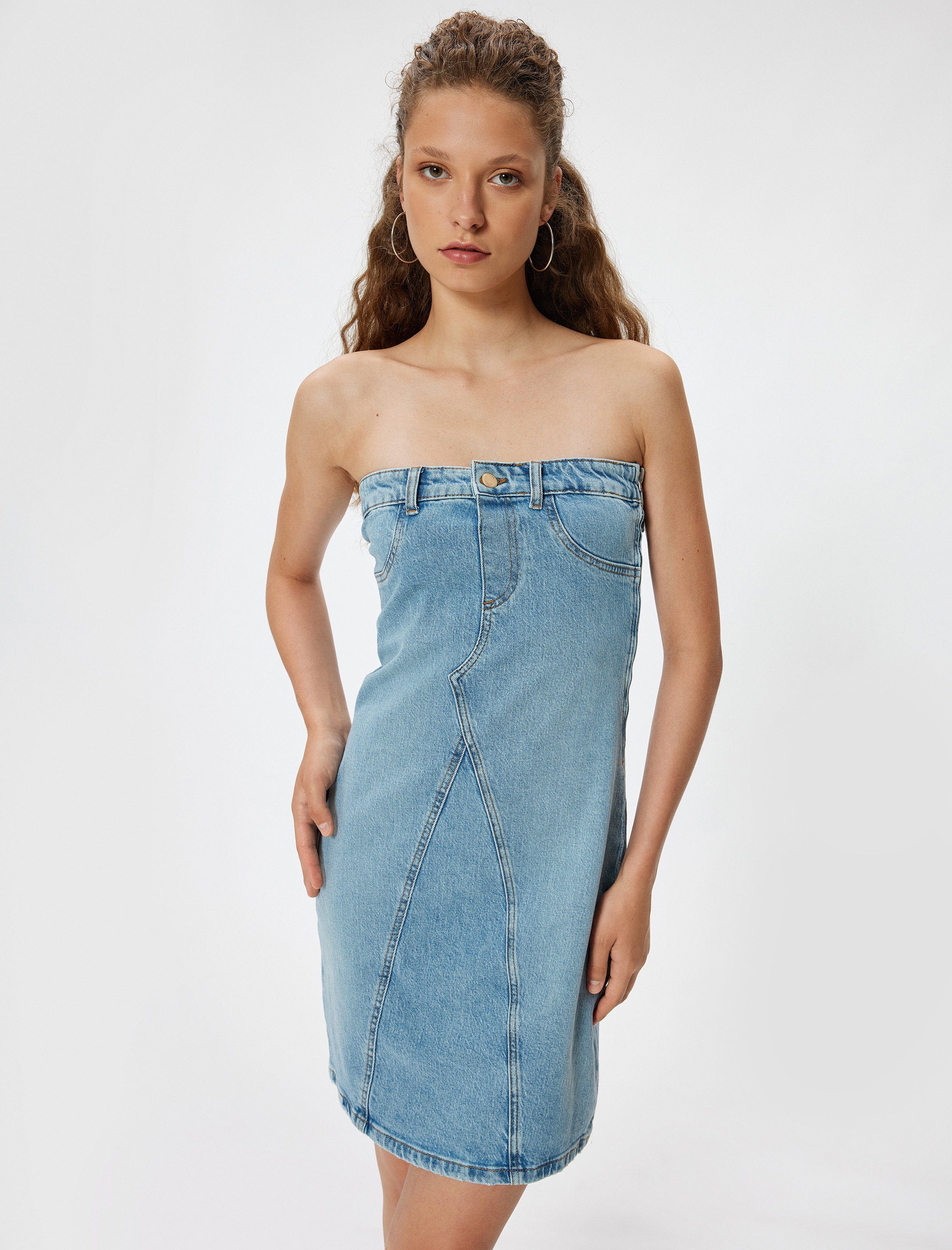   Straplez Kot Elbise Mini Kolsuz A Kesim Düğmeli Dikiş Detaylı Slim Fit