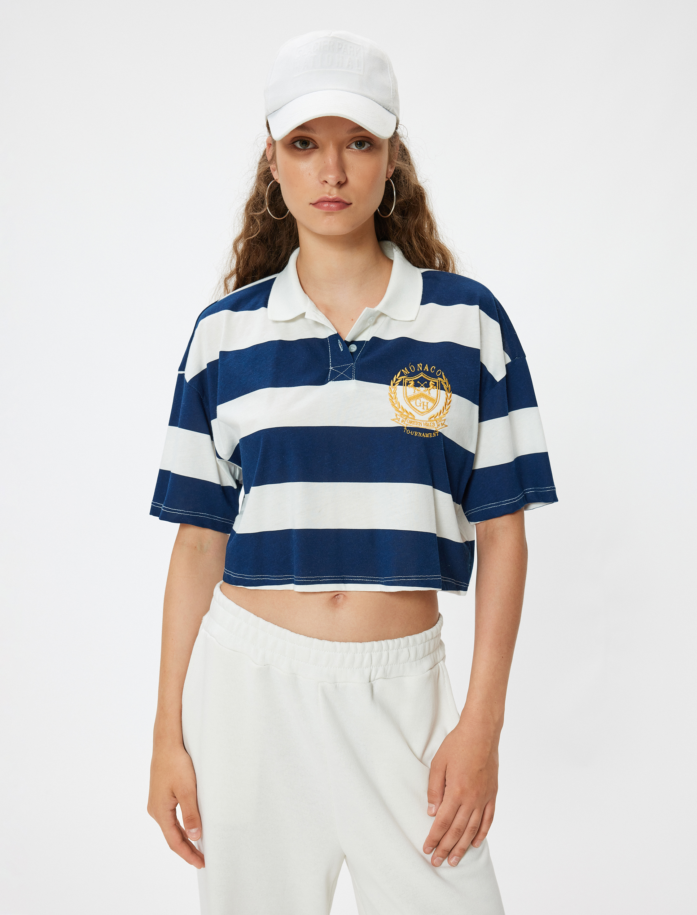   Polo Yaka Tişört Oversize Crop Kolej İşlemeli Renk Bloklu Kısa Kollu