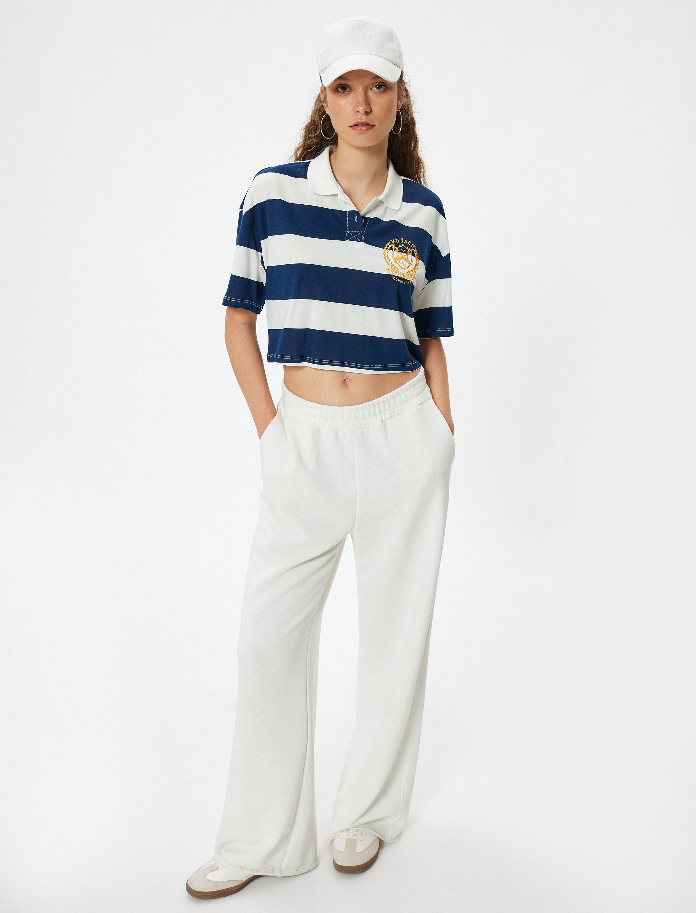   Polo Yaka Tişört Oversize Crop Kolej İşlemeli Renk Bloklu Kısa Kollu