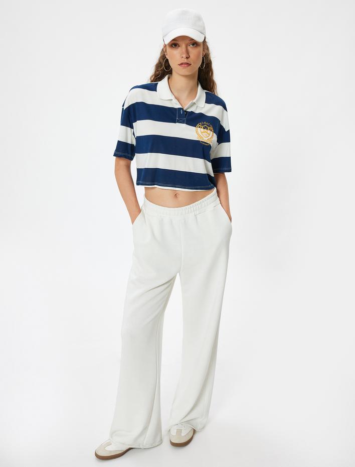  Polo Yaka Tişört Oversize Crop Kolej İşlemeli Renk Bloklu Kısa Kollu