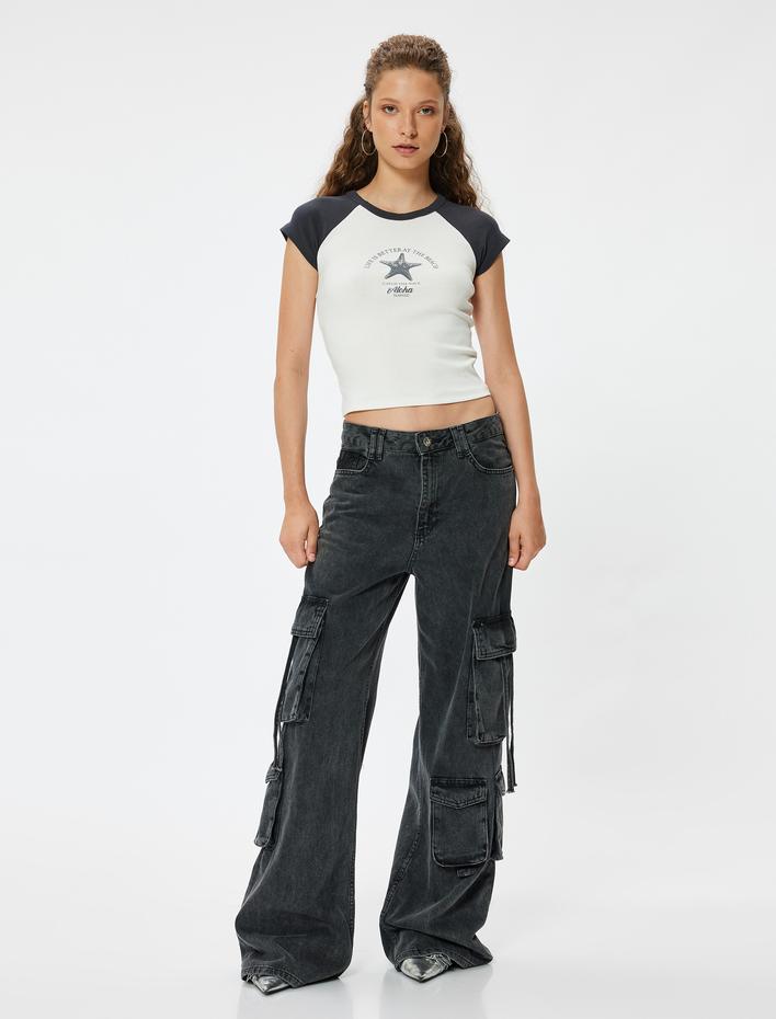  Slogan Baskılı Tişört Reglan Kollu Bisiklet Yaka Slim Fit