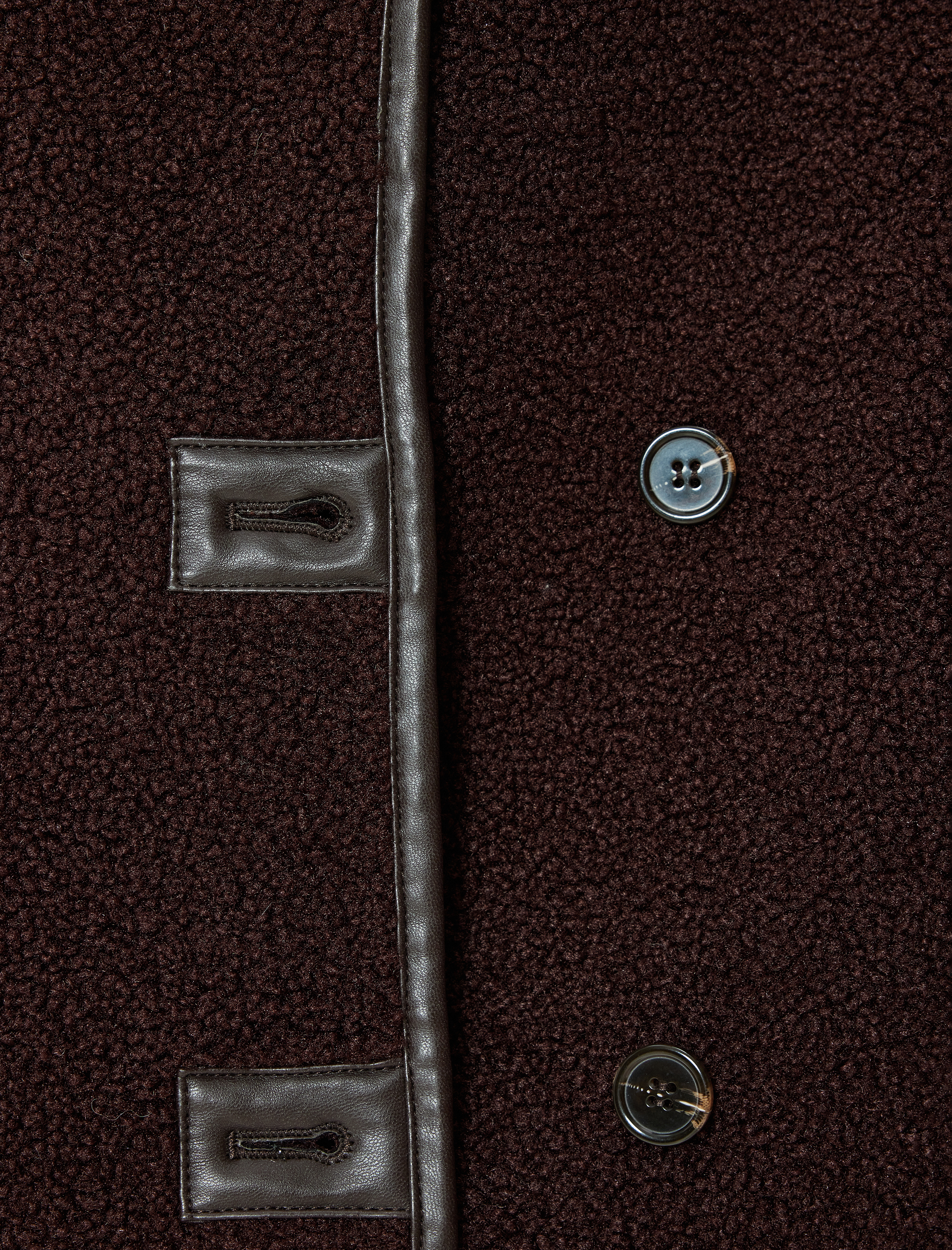   Uzun Peluş Ceket Oversize Suni Deri Detaylı Düğmeli Dik Yaka Cepli