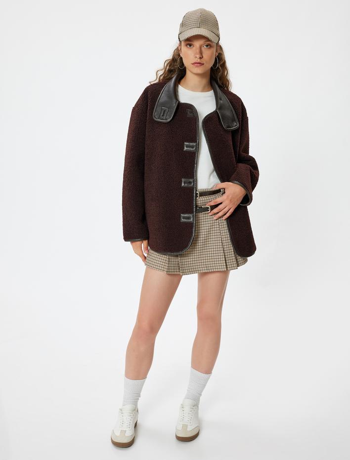  Uzun Peluş Ceket Oversize Suni Deri Detaylı Düğmeli Dik Yaka Cepli