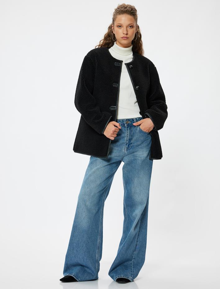  Uzun Peluş Ceket Suni Deri Detaylı Düğmeli Bisiklet Yaka Fleto Cepli