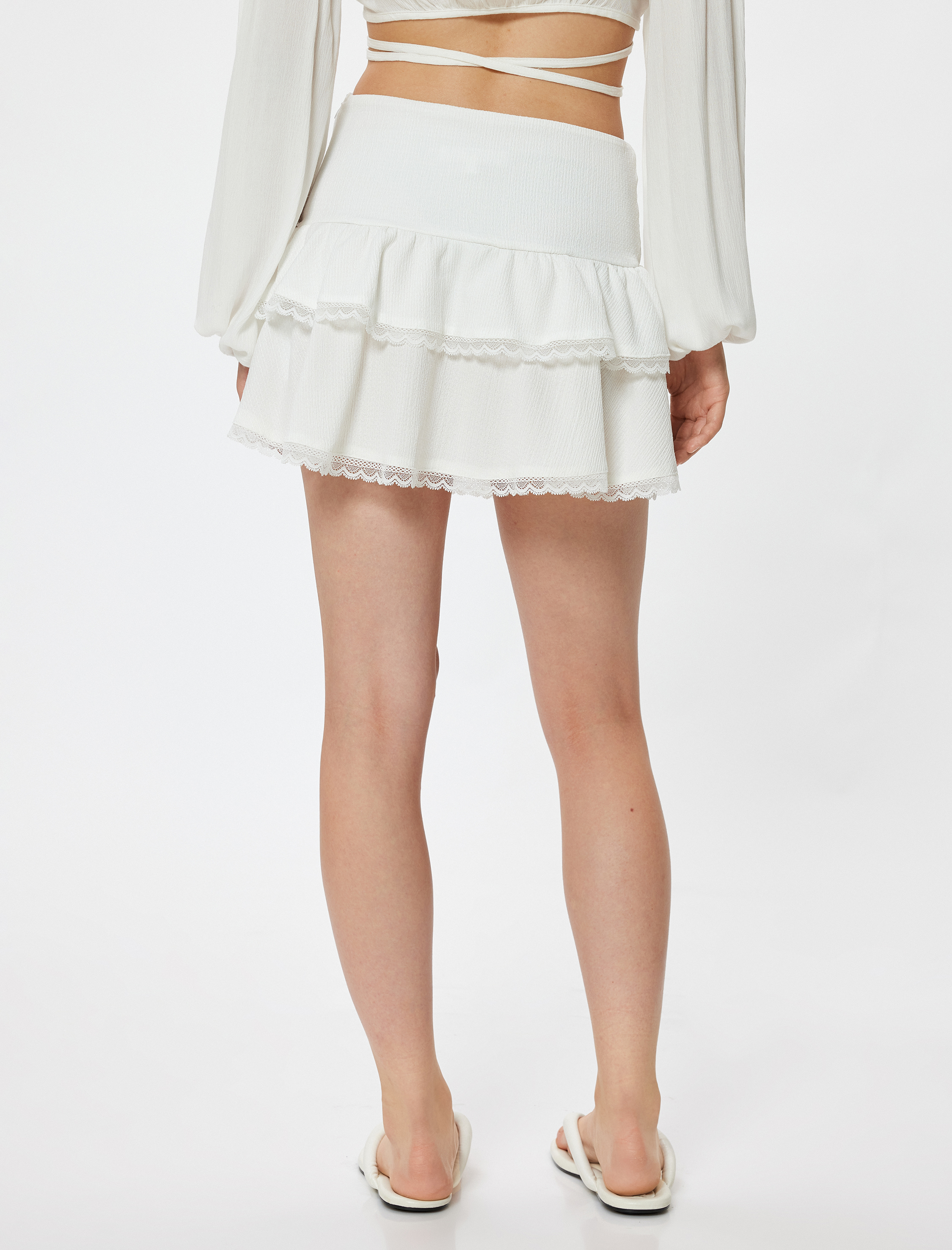   Fırfırlı Mini Etek Bürümcük Katlı Beli Lastikli Dantel Detaylı Bürümcük