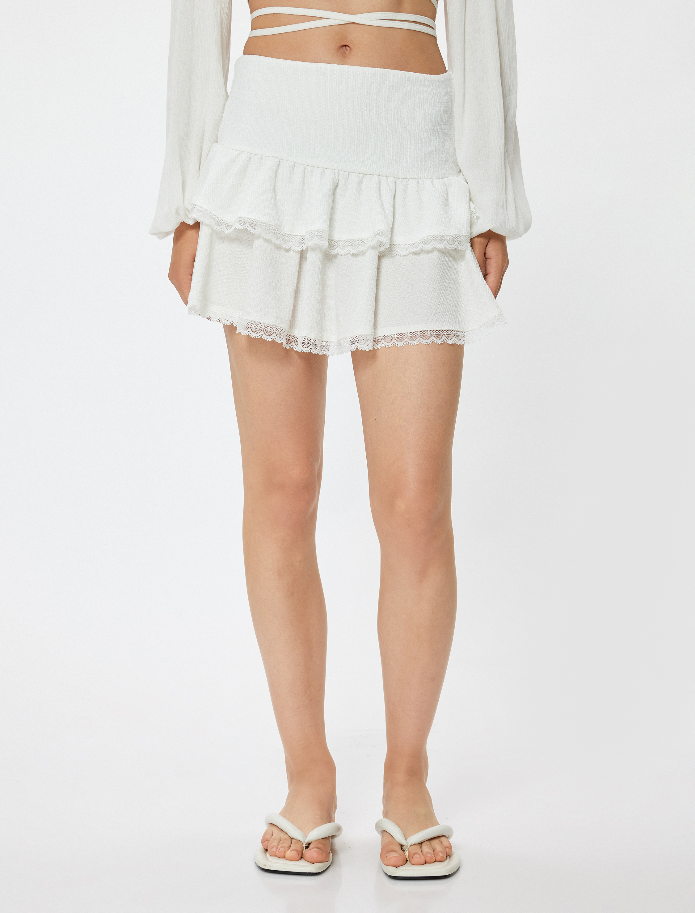   Fırfırlı Mini Etek Bürümcük Katlı Beli Lastikli Dantel Detaylı Bürümcük