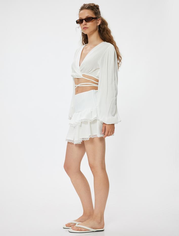  Fırfırlı Mini Etek Bürümcük Katlı Beli Lastikli Dantel Detaylı Bürümcük