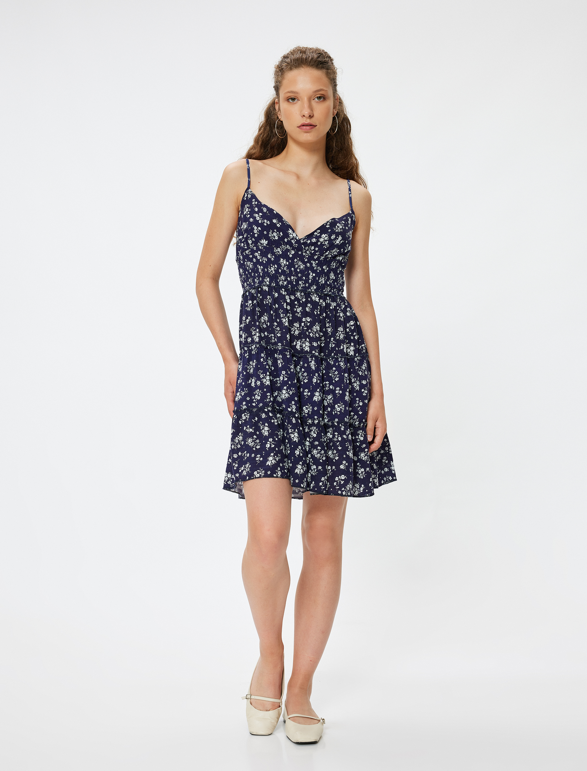   Çiçekli Elbise Mini İp Askılı A Kesim V Yaka Gipeli Slim Fit