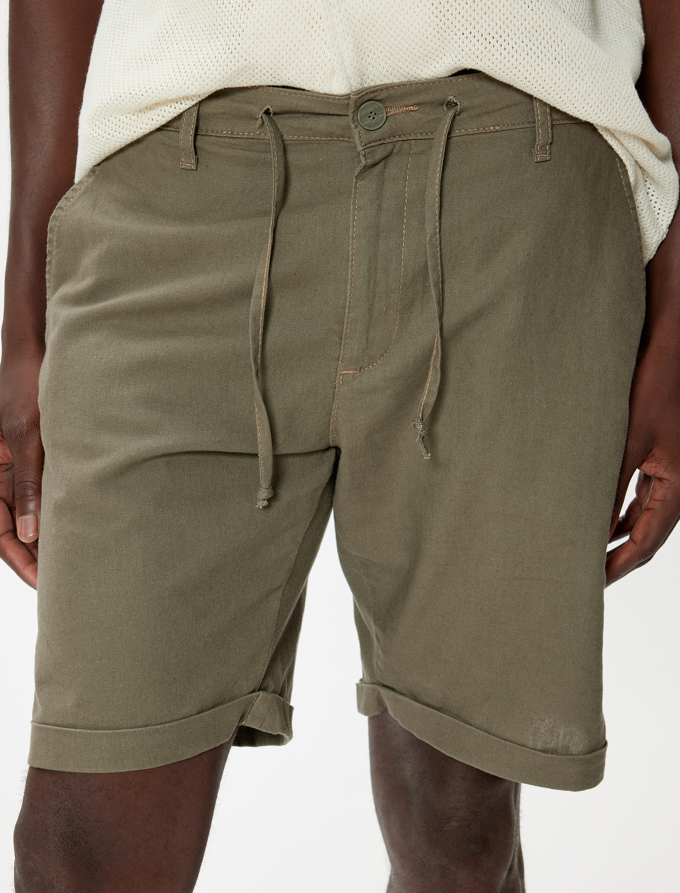 Bermuda Şort Chino Cepli Paça Detaylı Keten Karışımlı