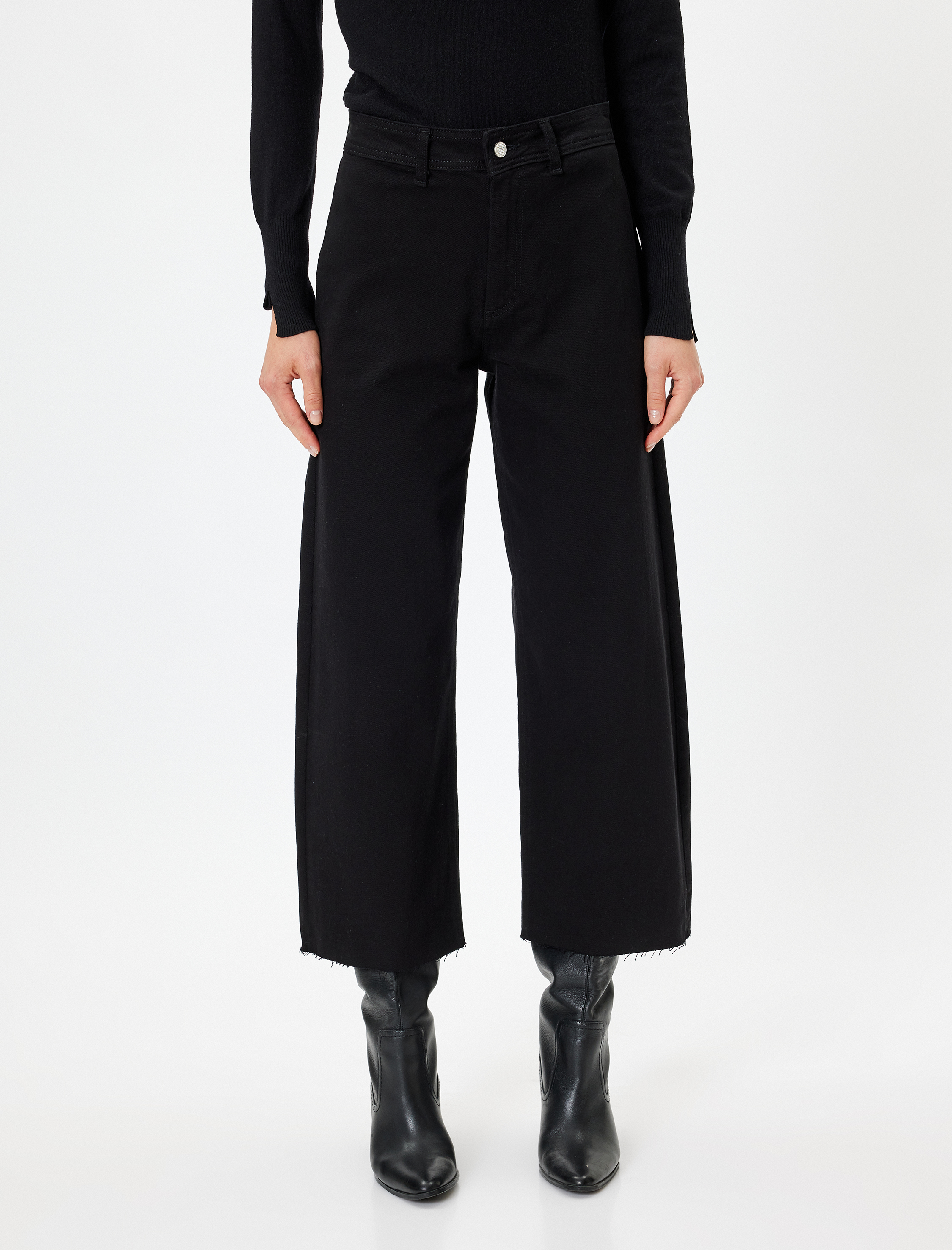   Standart Bel Geniş Paça Düğmeli Culotte Jeans