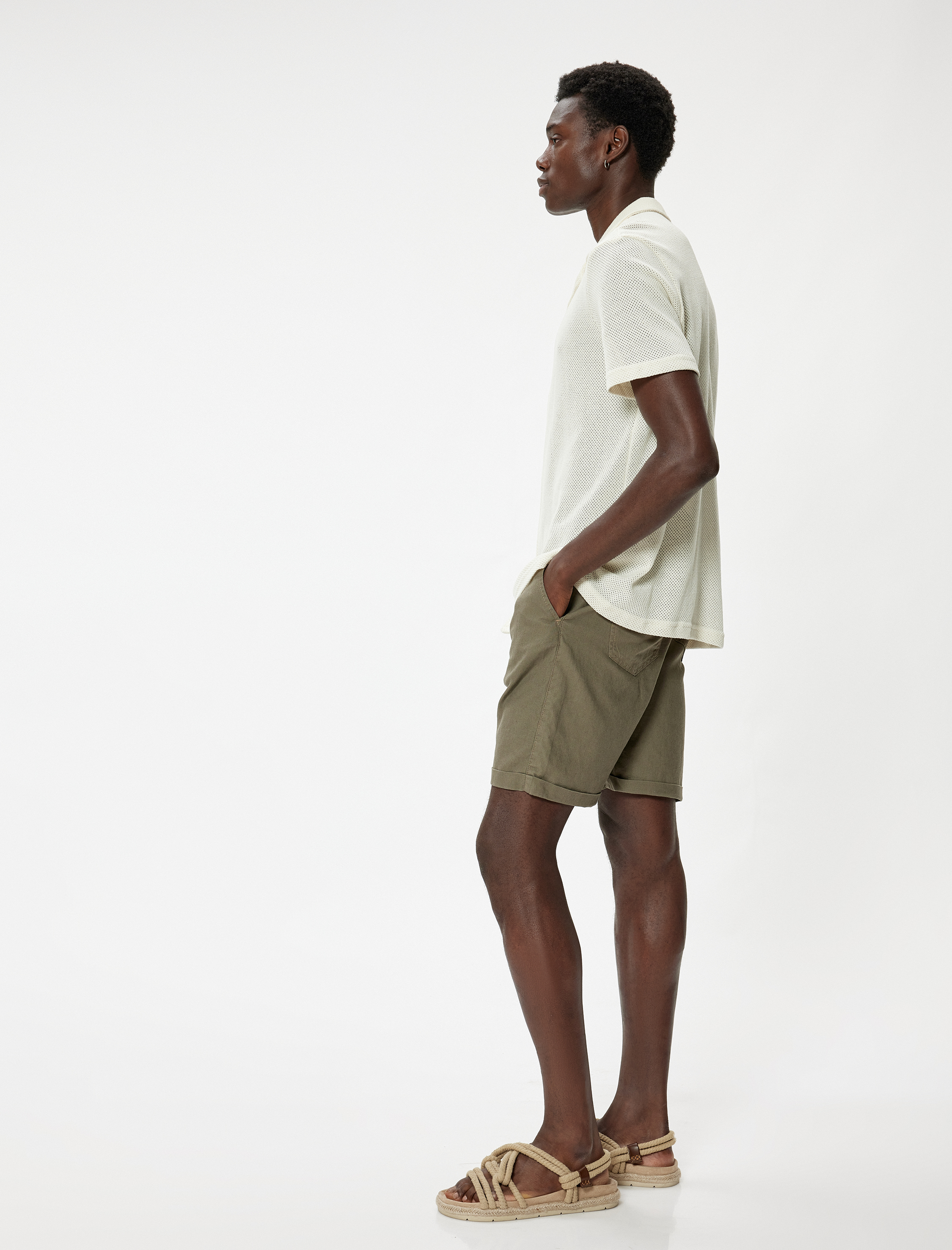 Bermuda Şort Chino Cepli Paça Detaylı Keten Karışımlı