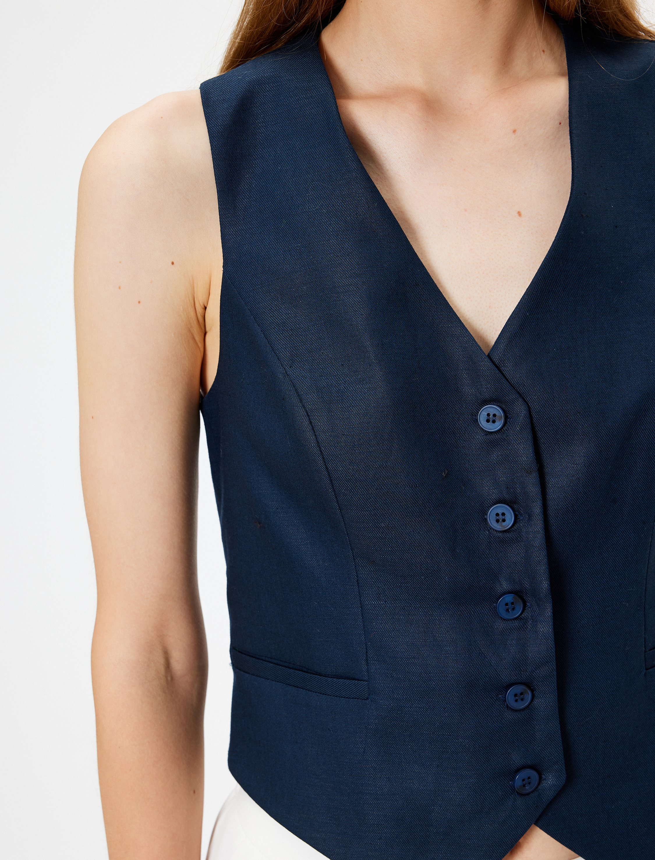   Keten Yelek V Yaka Düğmeli Cepli Astarlı Slim Fit