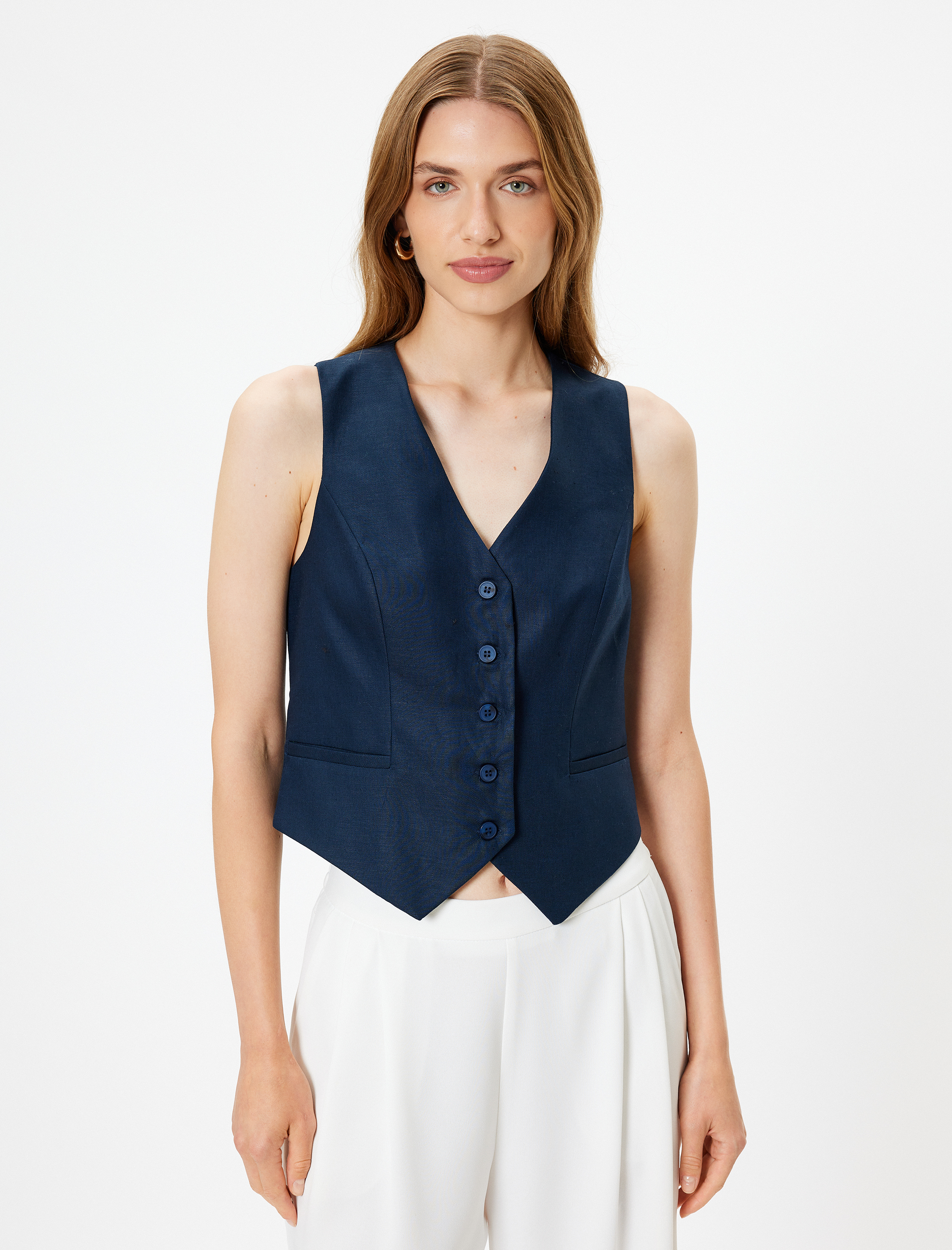   Keten Yelek V Yaka Düğmeli Cepli Astarlı Slim Fit