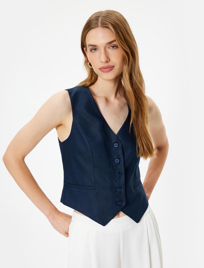  Keten Yelek V Yaka Düğmeli Cepli Astarlı Slim Fit