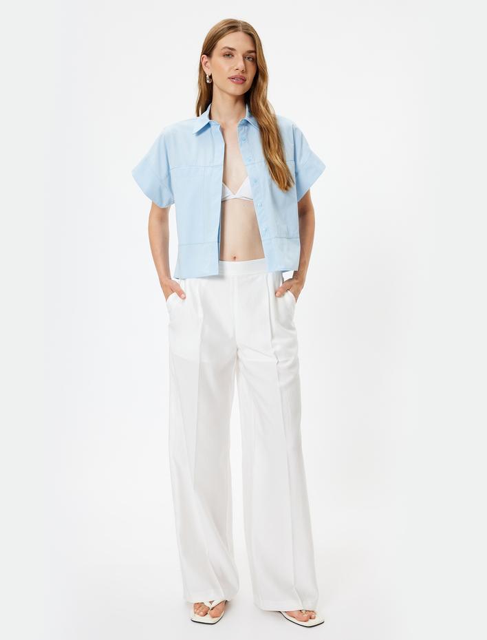  Crop Gömlek Kısa Kollu Bol Kalıp Cepli Pamuklu