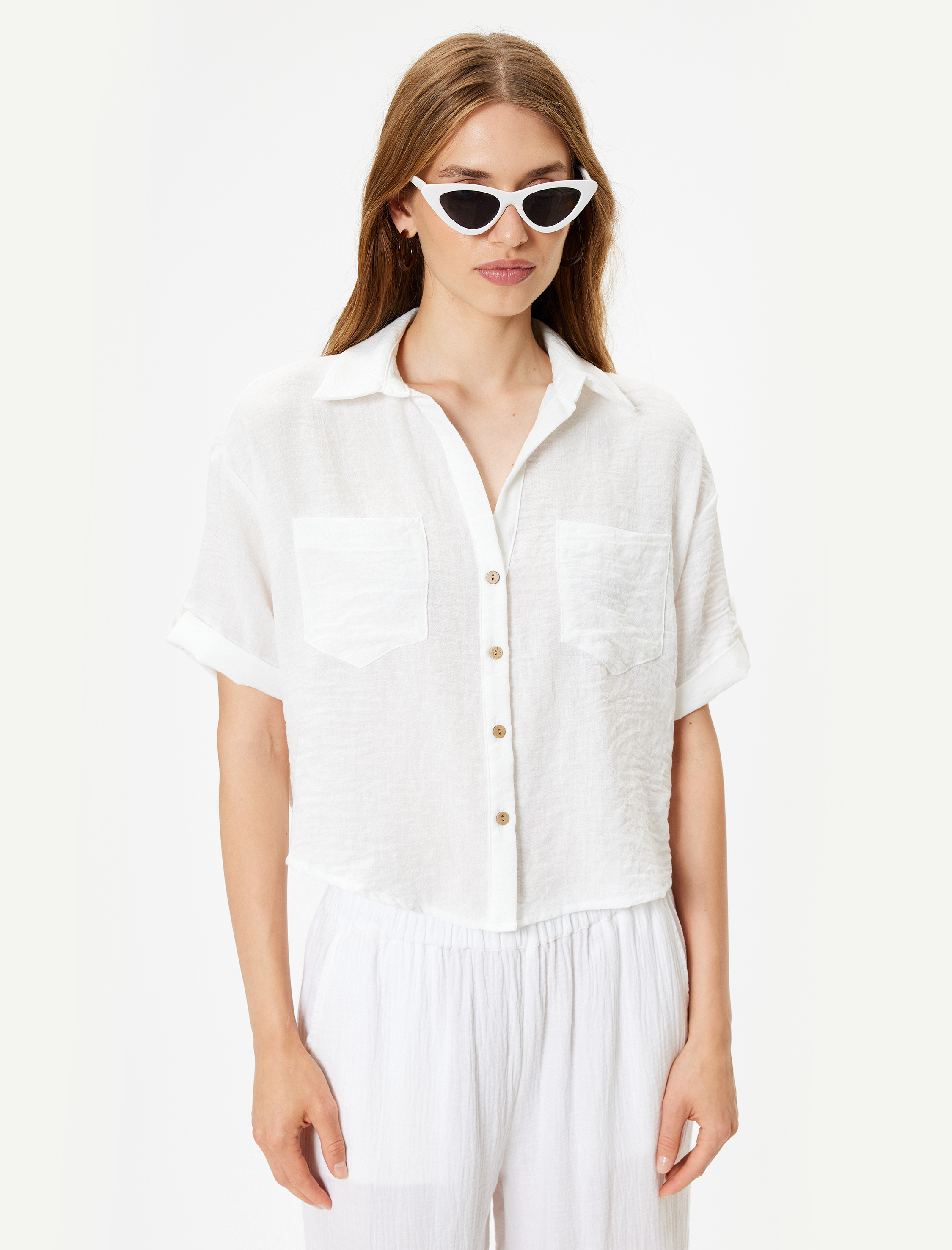 Cepli Gömlek Kısa Kollu Düşük Omuz Klasik Yaka