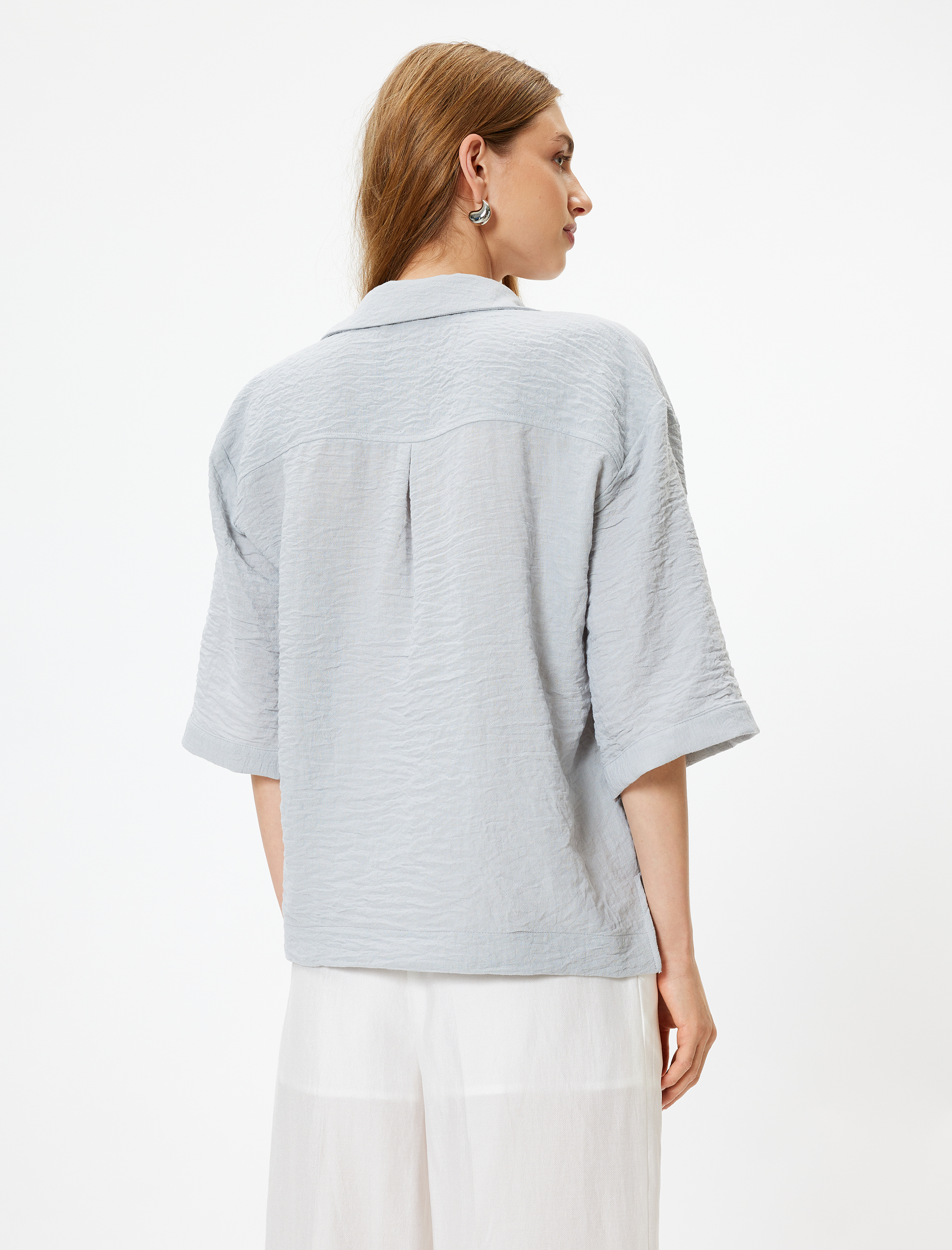   Bol Kalıp Gömlek 3/4 Kısa Kol Klasik Yaka