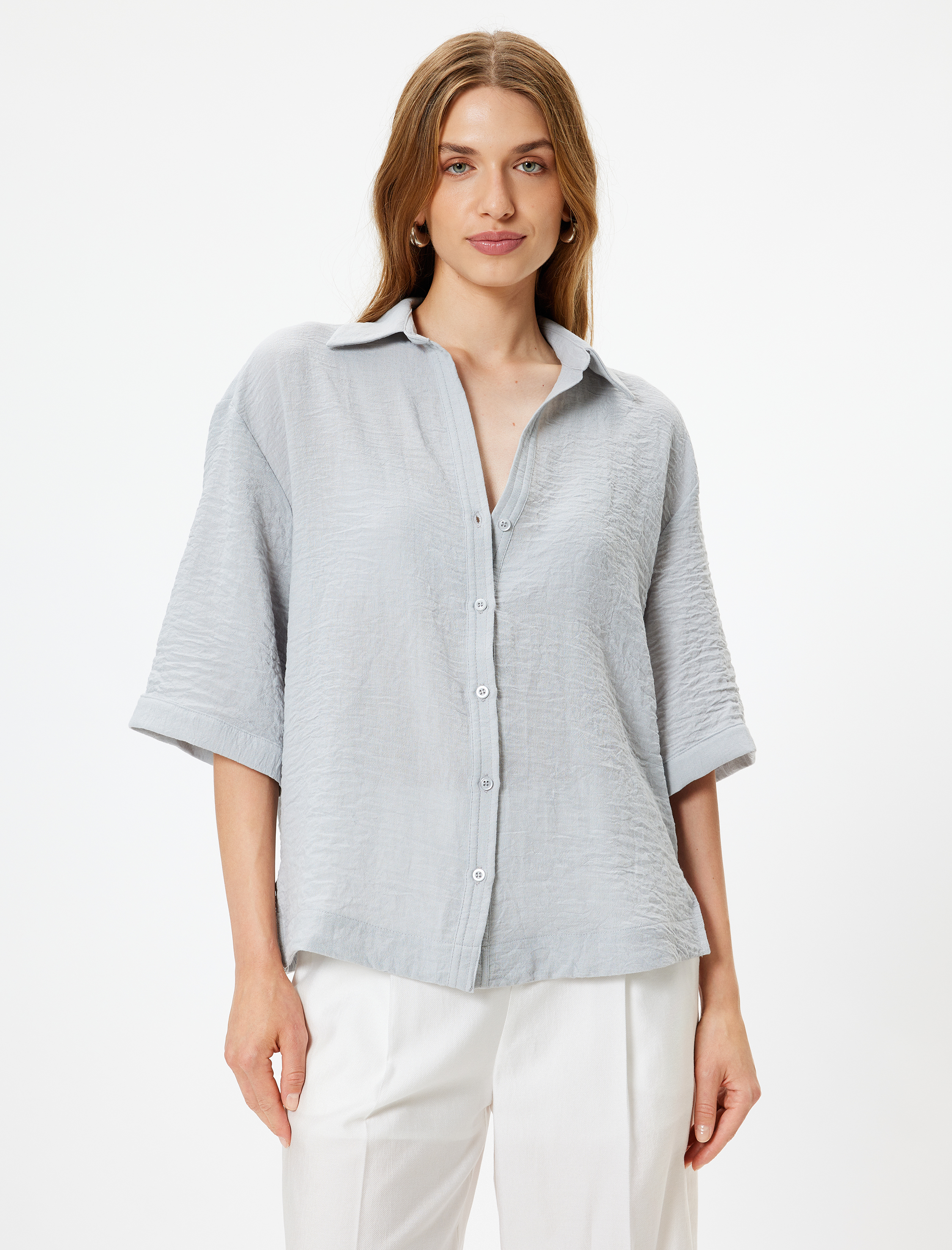   Bol Kalıp Gömlek 3/4 Kısa Kol Klasik Yaka