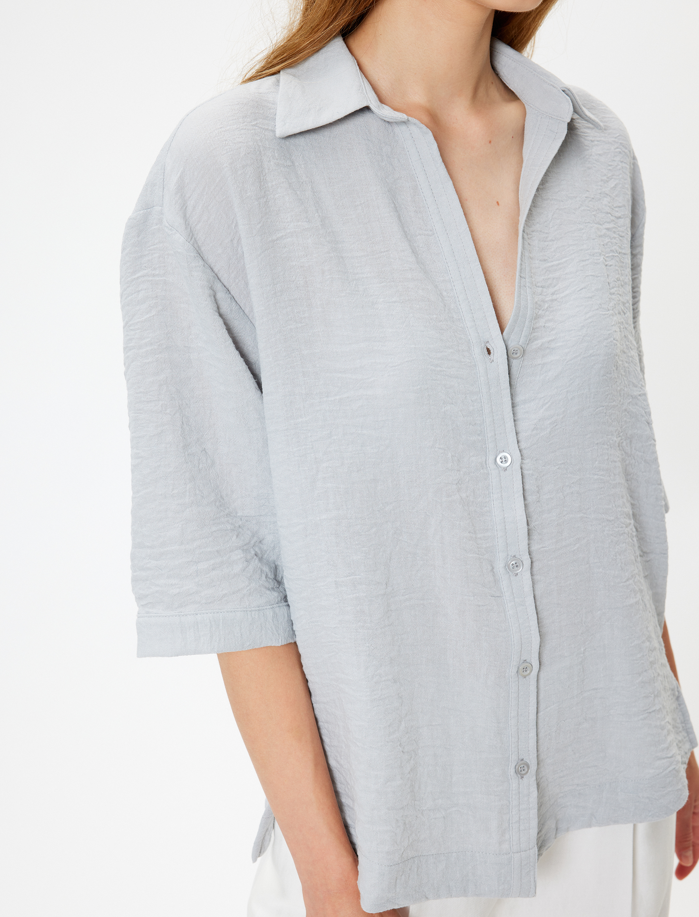   Bol Kalıp Gömlek 3/4 Kısa Kol Klasik Yaka