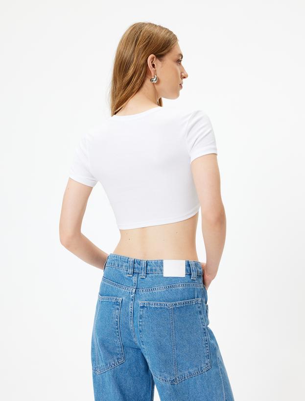 Crop Tişört Balon Form Skinny Kısa Kollu Yuvarlak Yaka Pamuklu_3