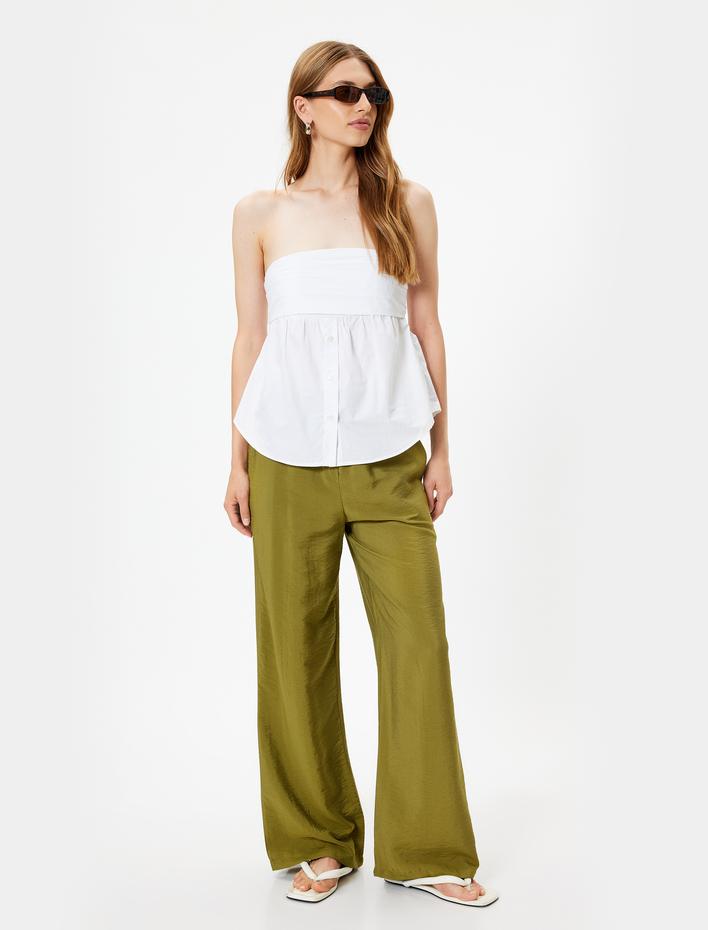  Viskon Geniş Paça Pantolon Cepli Beli Bağlamalı Lastikli