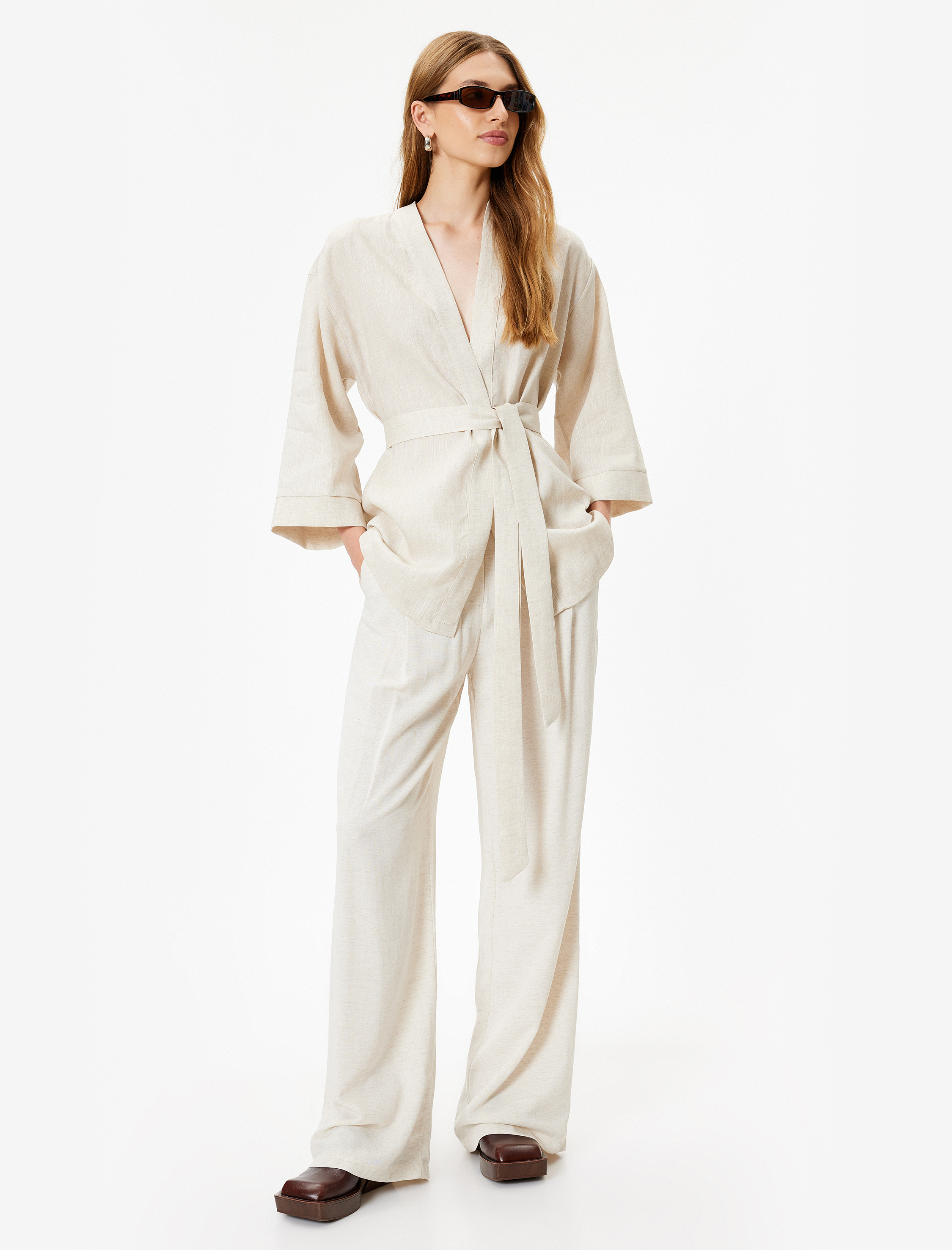   Oversize Keten Kimono Kalça Boy Geniş 3/4 Kol Kuşak Detaylı