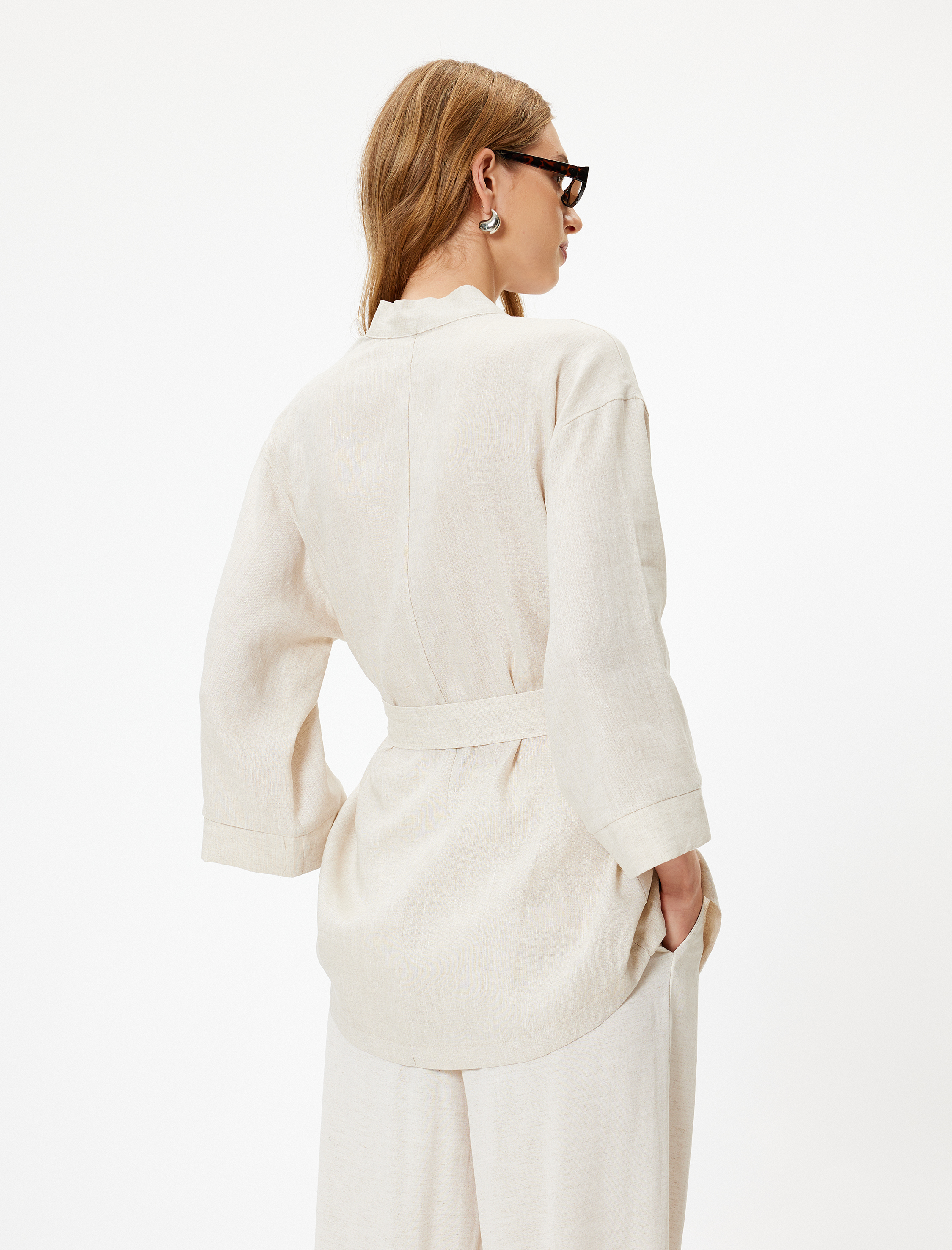   Oversize Keten Kimono Kalça Boy Geniş 3/4 Kol Kuşak Detaylı