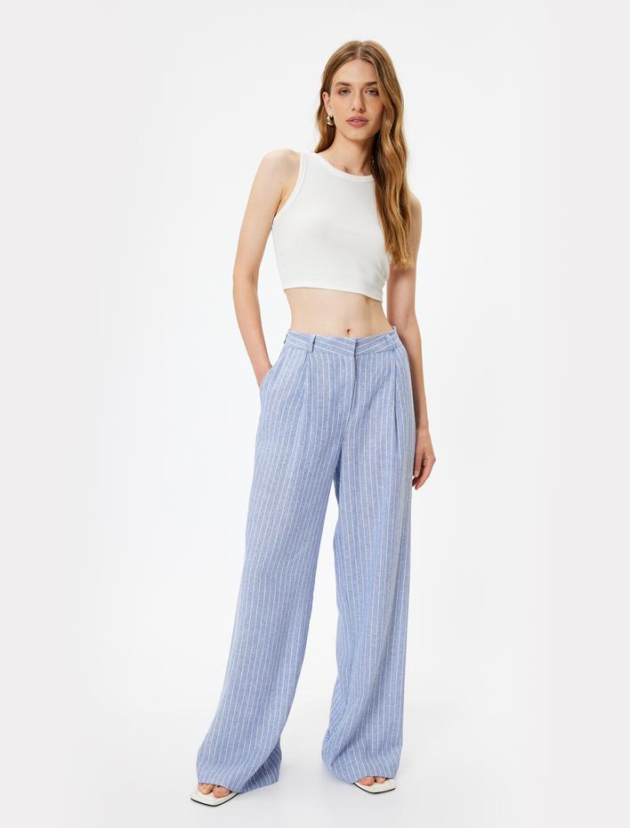  Geniş Paça Keten Pantolon Cepli Pile Detaylı Bol Kalıp