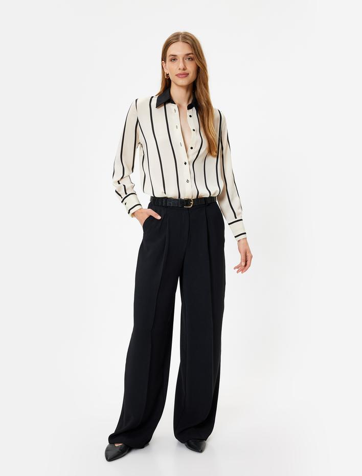  Uzun Kollu Gömlek Renk Kontrastlı Klasik Yaka