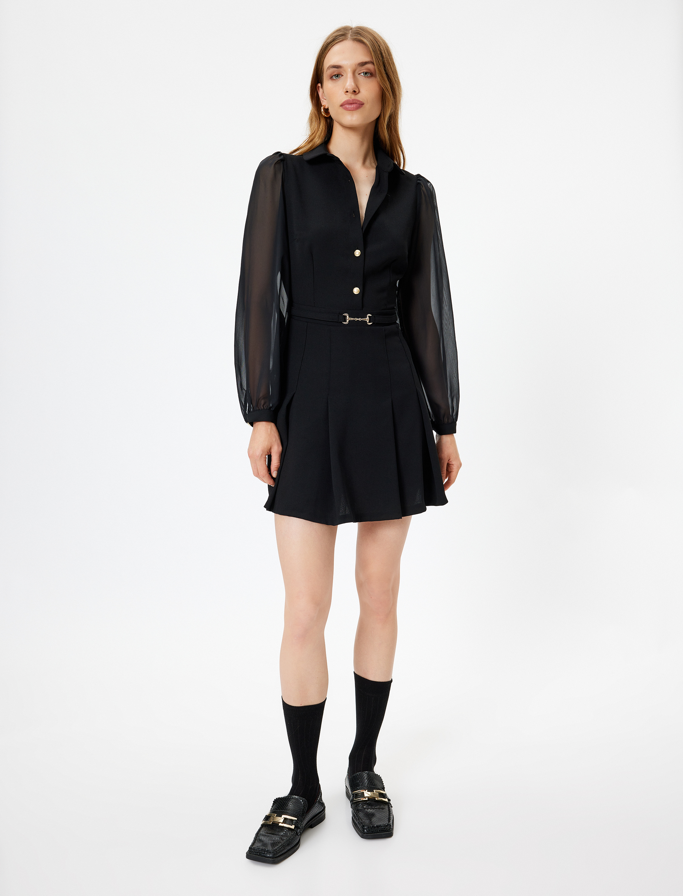   Pileli Mini Elbise Tül Uzun Kollu A Kesim Gömlek Yaka Düğmeli