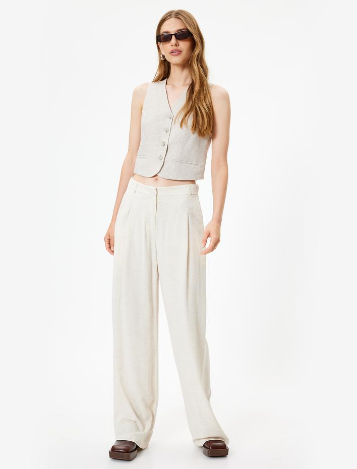  Keten Karışımlı Viskon Pantolon Yüksek Bel Bol Paça Cepli Pile Detaylı