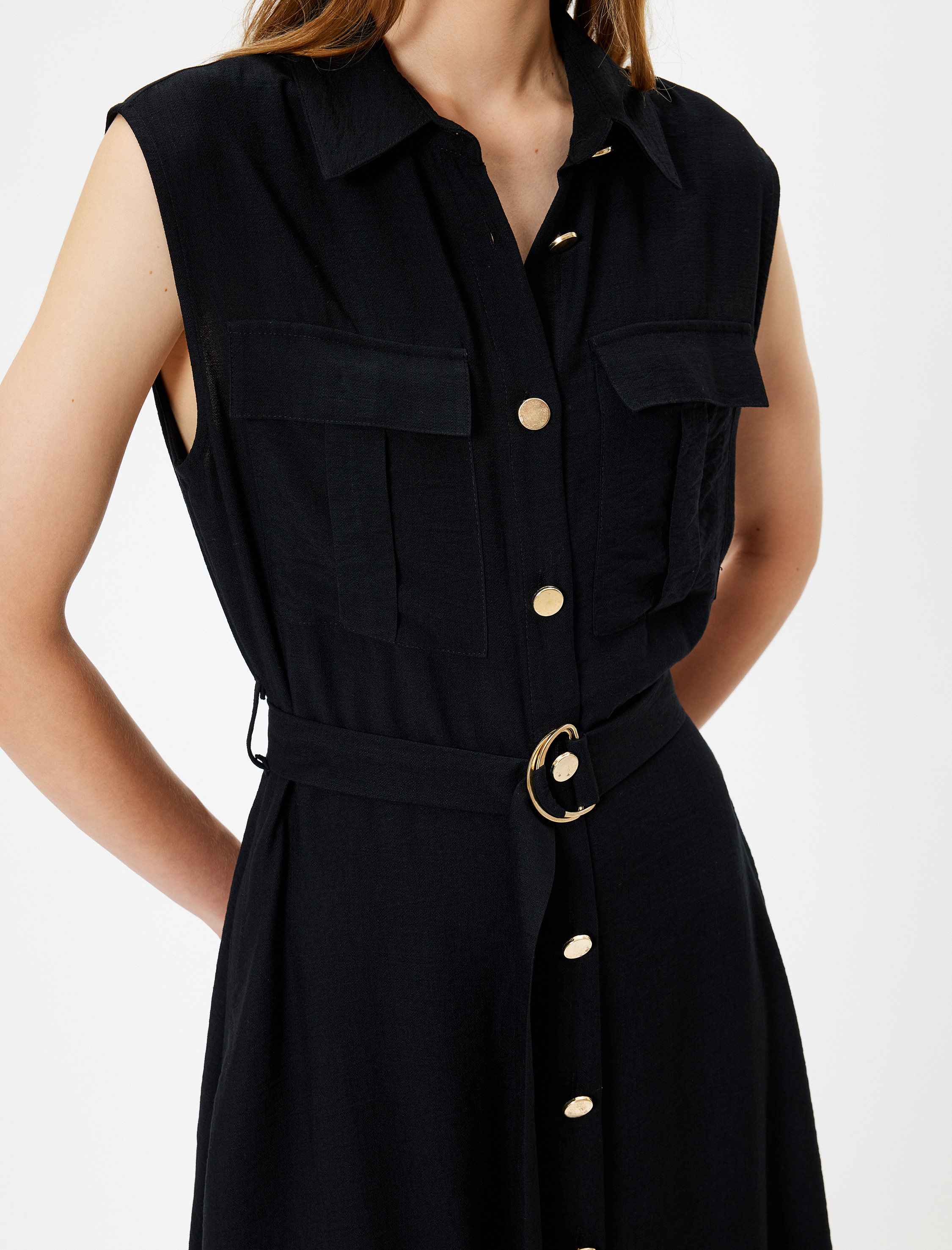   Kolsuz Midi Boy Gömlek Viskon Elbise Kemerli Cep Detaylı