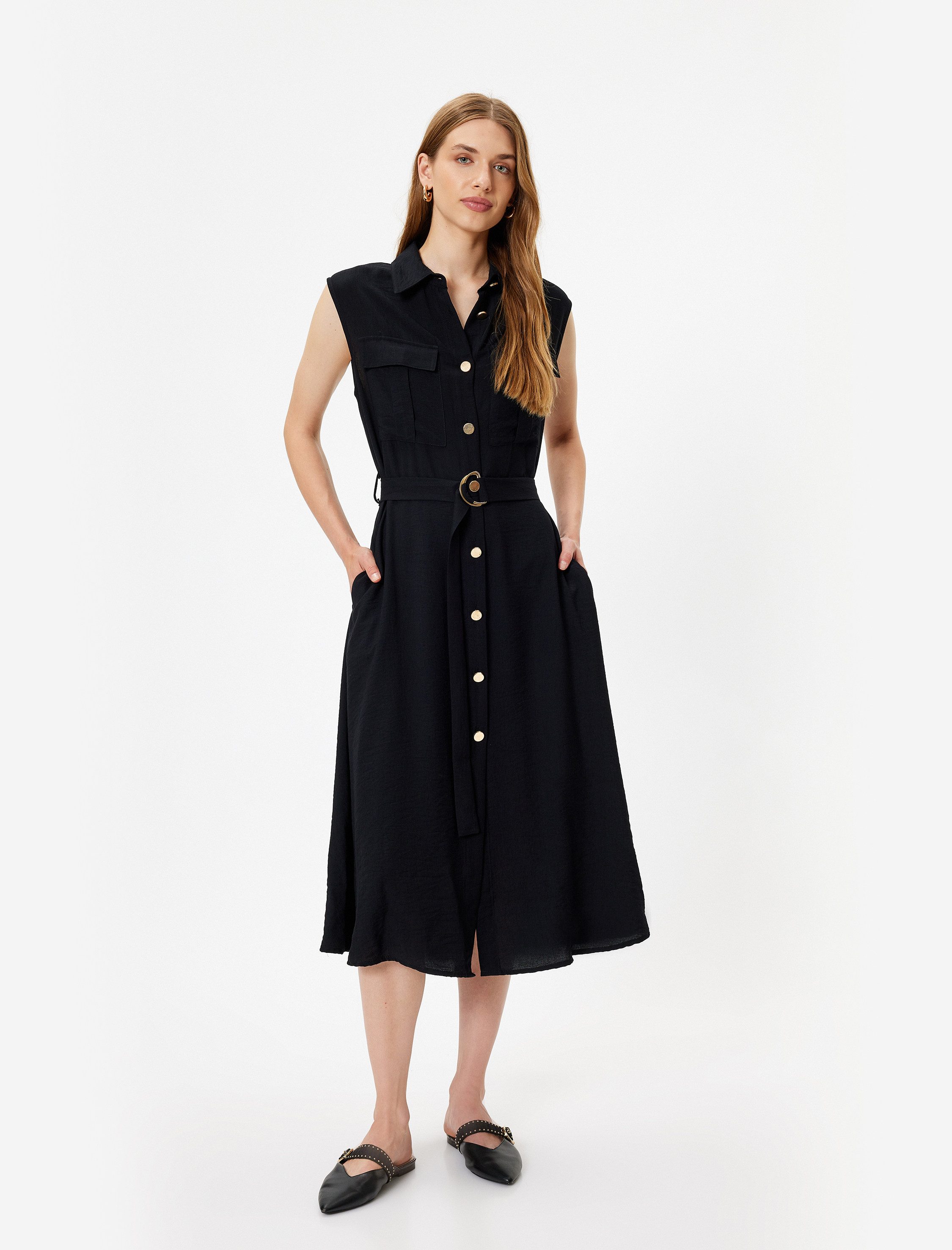   Kolsuz Midi Boy Gömlek Viskon Elbise Kemerli Cep Detaylı