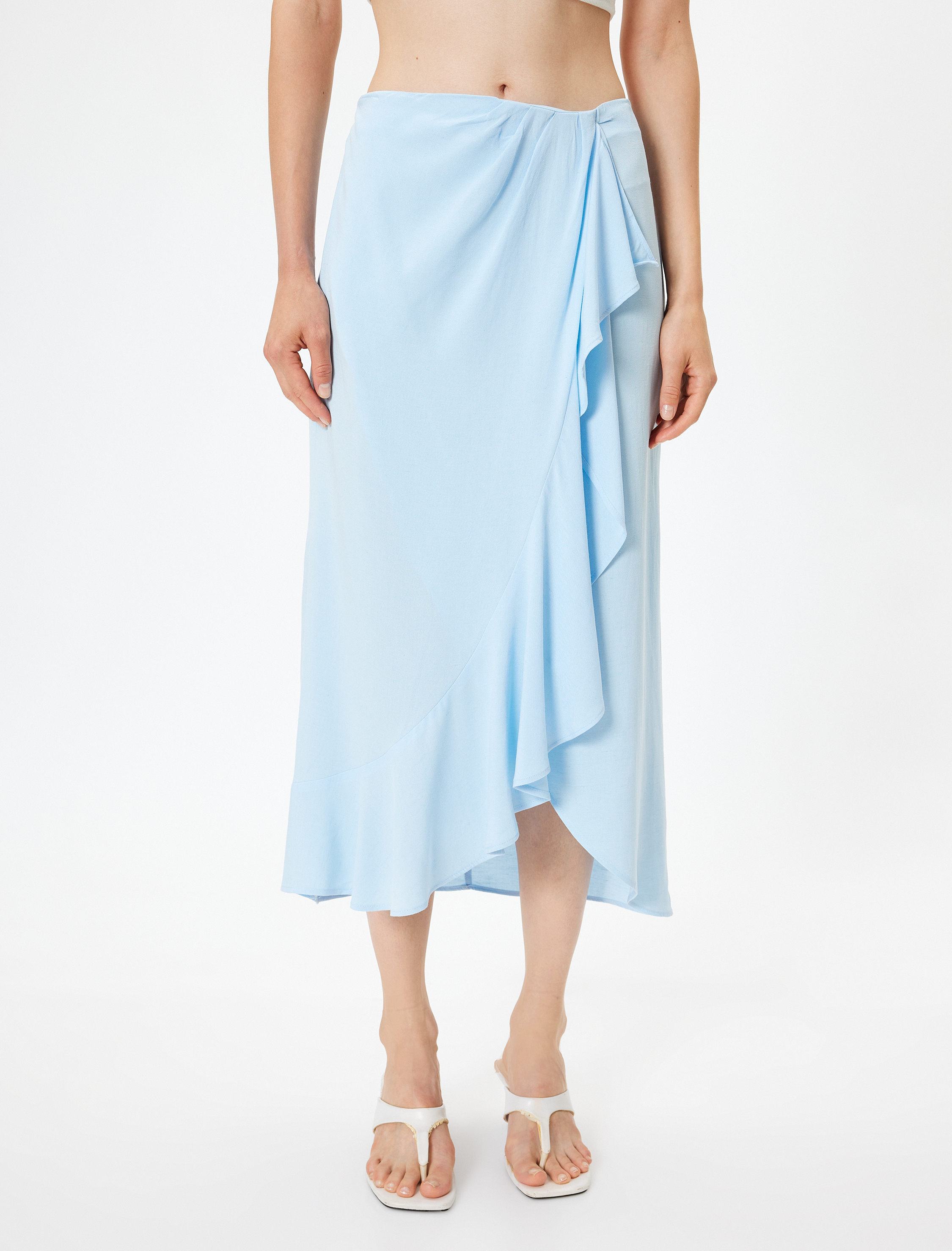   Midi Boy Fırfırlı Etek Kruvaze Asimetrik Keten Karışımlı