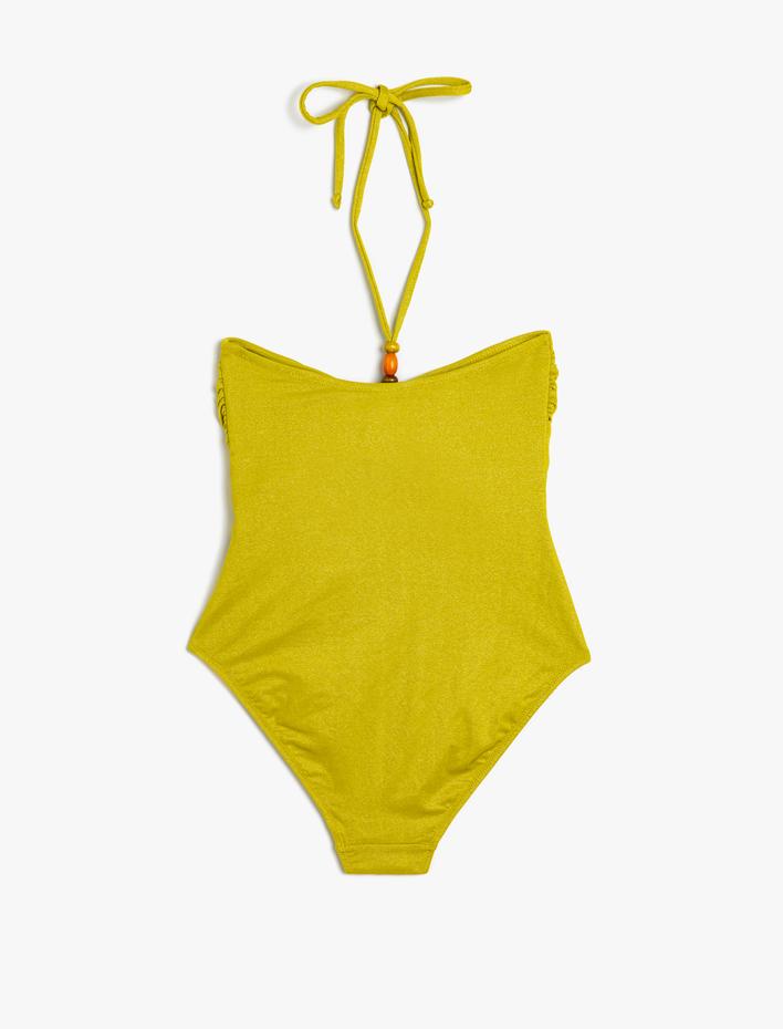  Halter Yaka Mayokini Pencere Detaylı Boncuklu Büzgülü Kaplı
