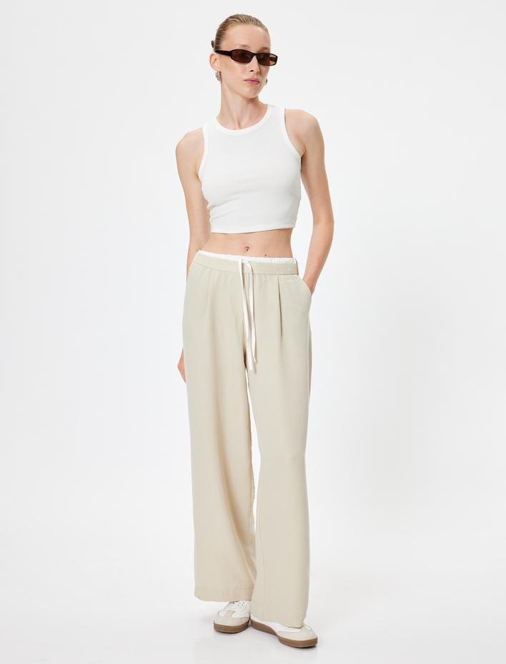  Bol Paça Pantolon Viskon Kumaş Cepli Beli Bağlamalı