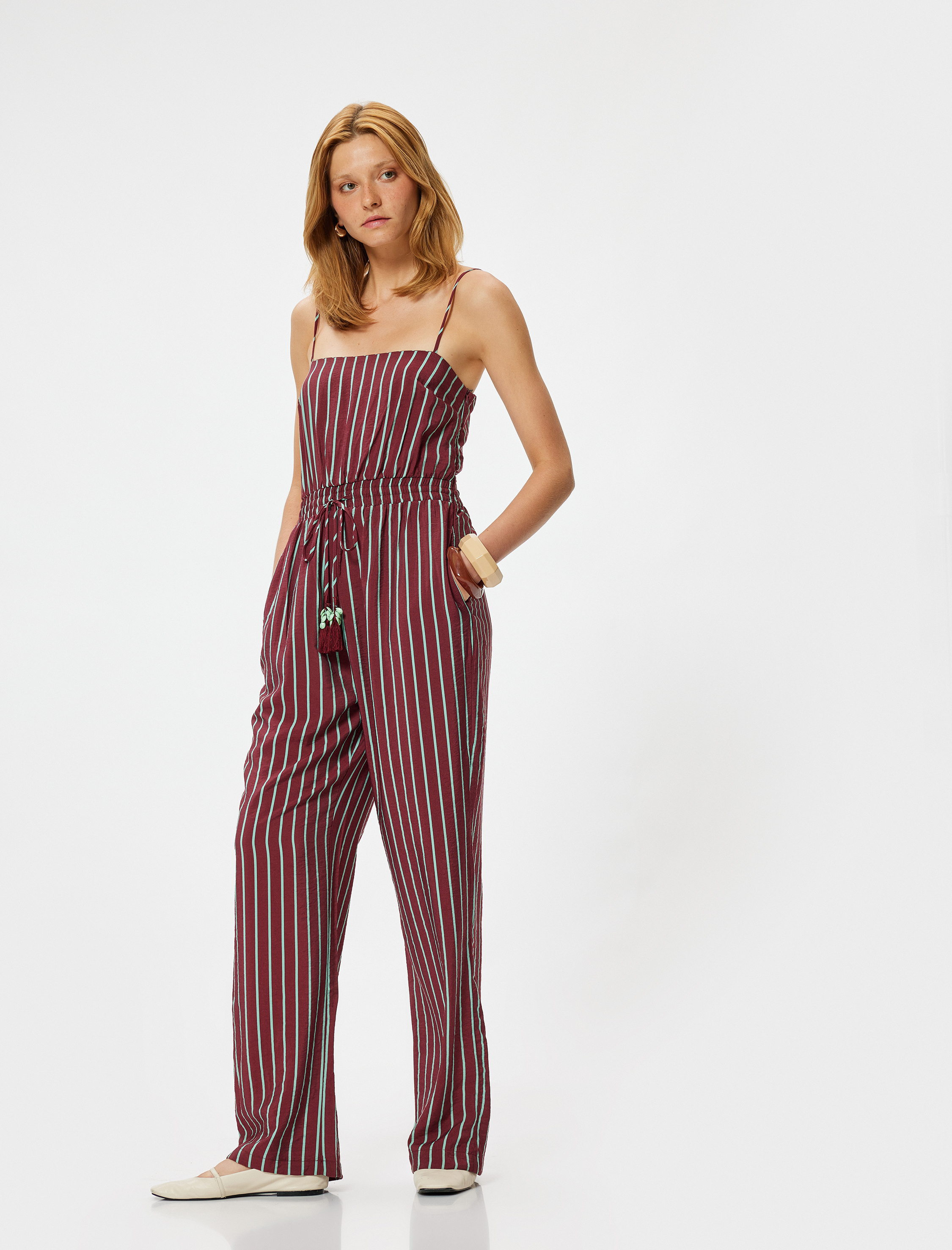   Koton X Melis Ağazat - Viskon Tulum İnce Askılı Bol Paça Cepli Beli Lastikli