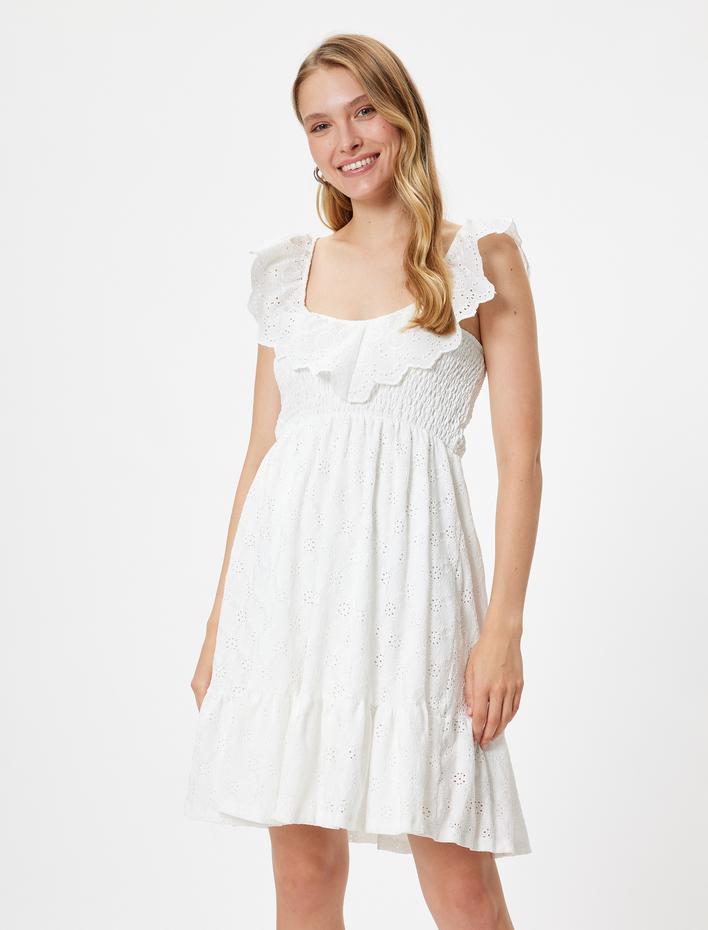  Fistolu Elbise Fırfırlı Rahat Kalıp Katmanlı Gipe Detaylı