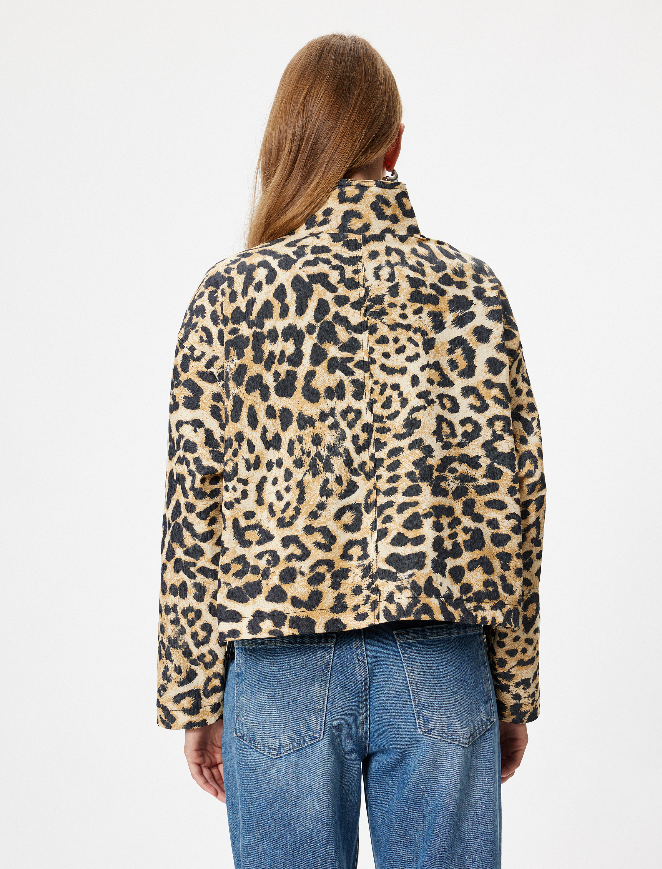   Leopar Desenli Fermuarlı Dik Yaka Ceket