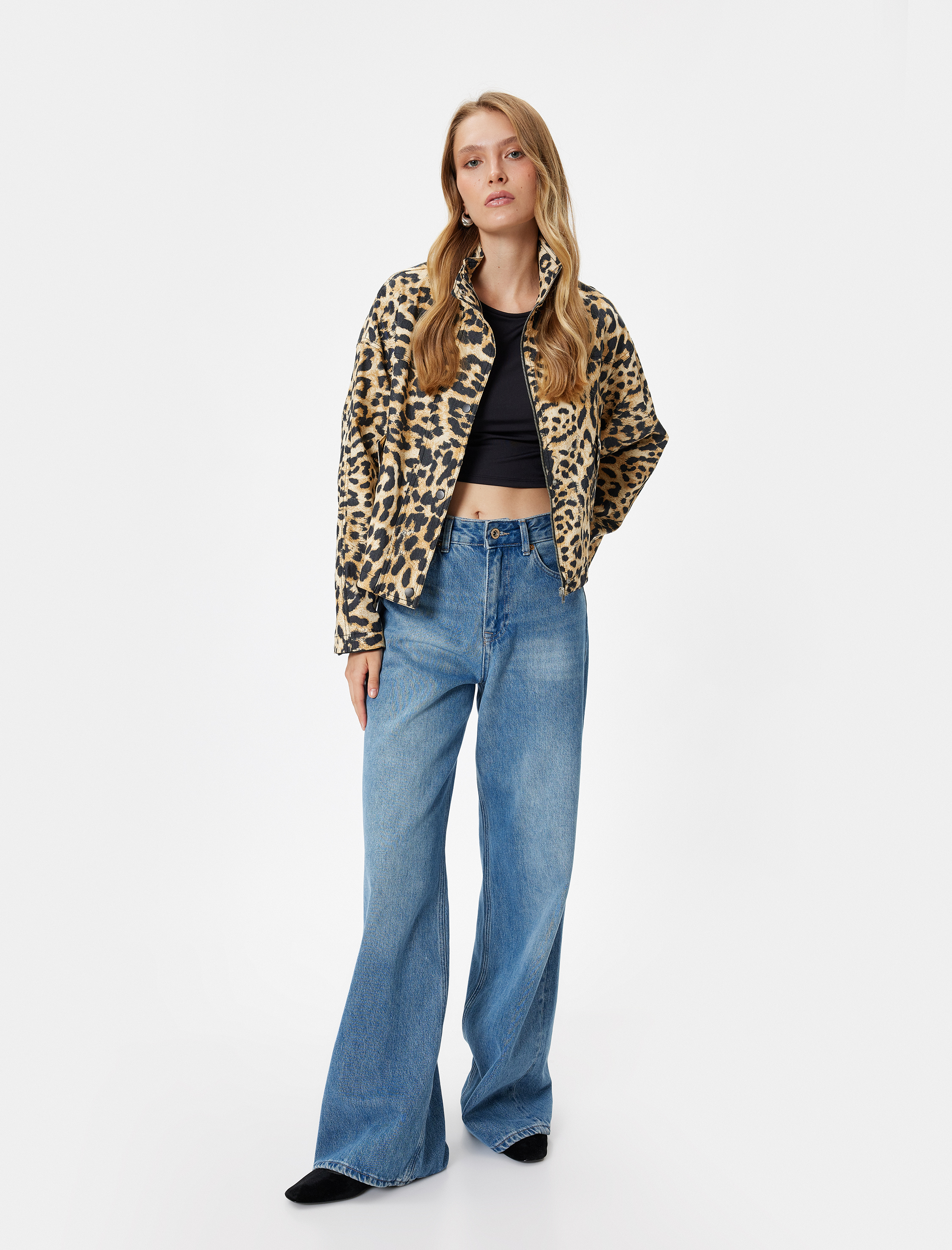   Leopar Desenli Fermuarlı Dik Yaka Ceket
