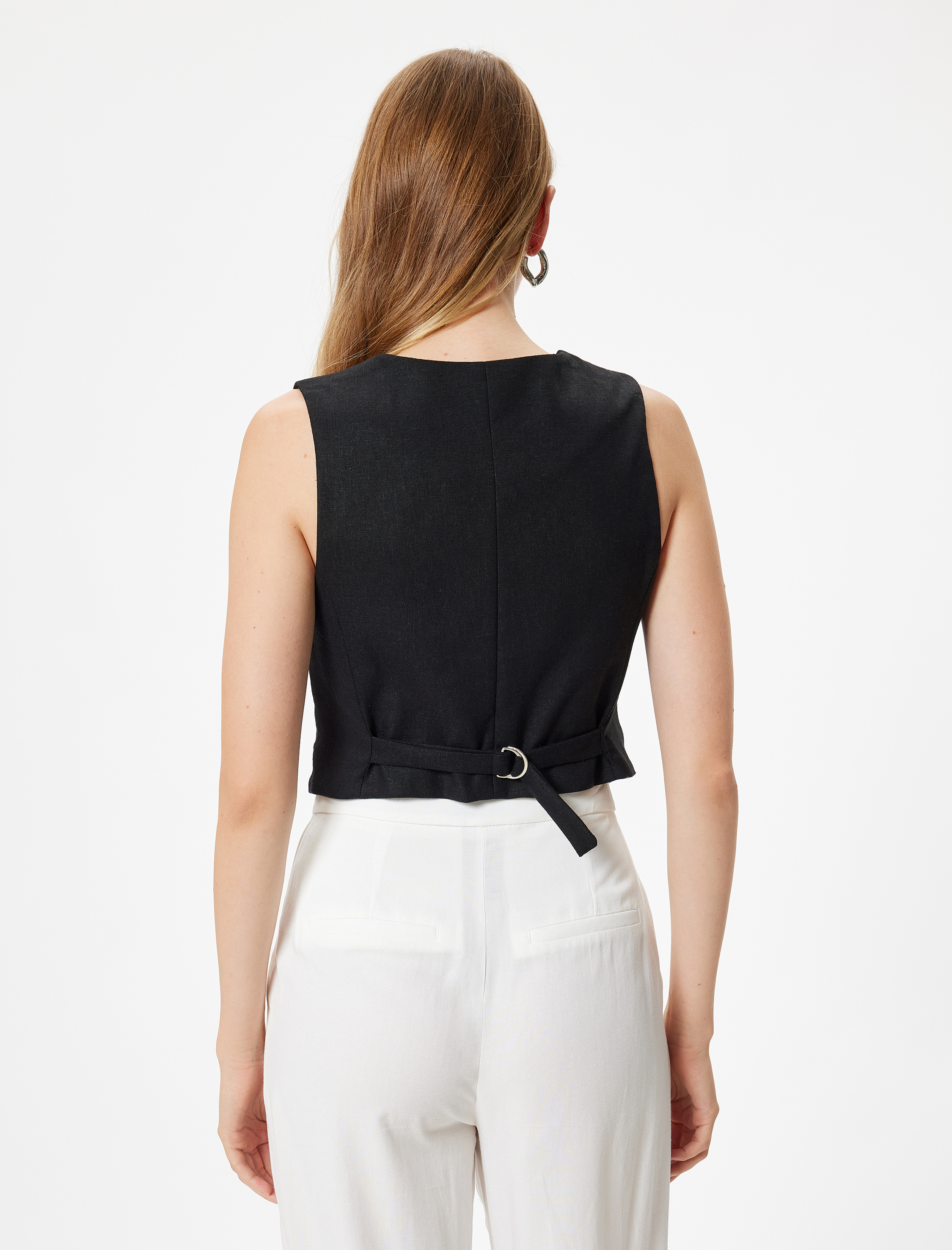   Keten Crop Yelek V Yaka Düğmeli Astarlı