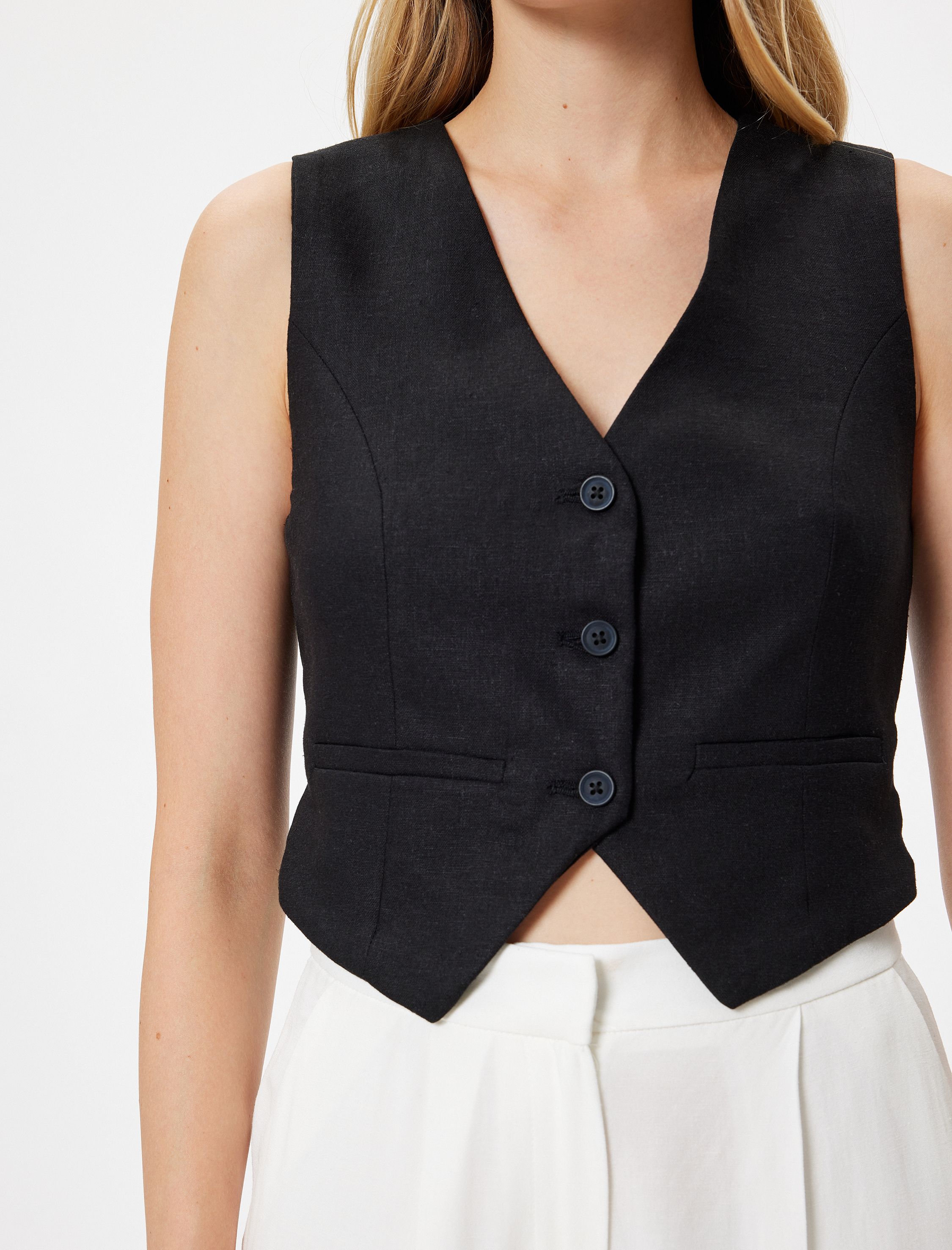   Keten Crop Yelek V Yaka Düğmeli Astarlı