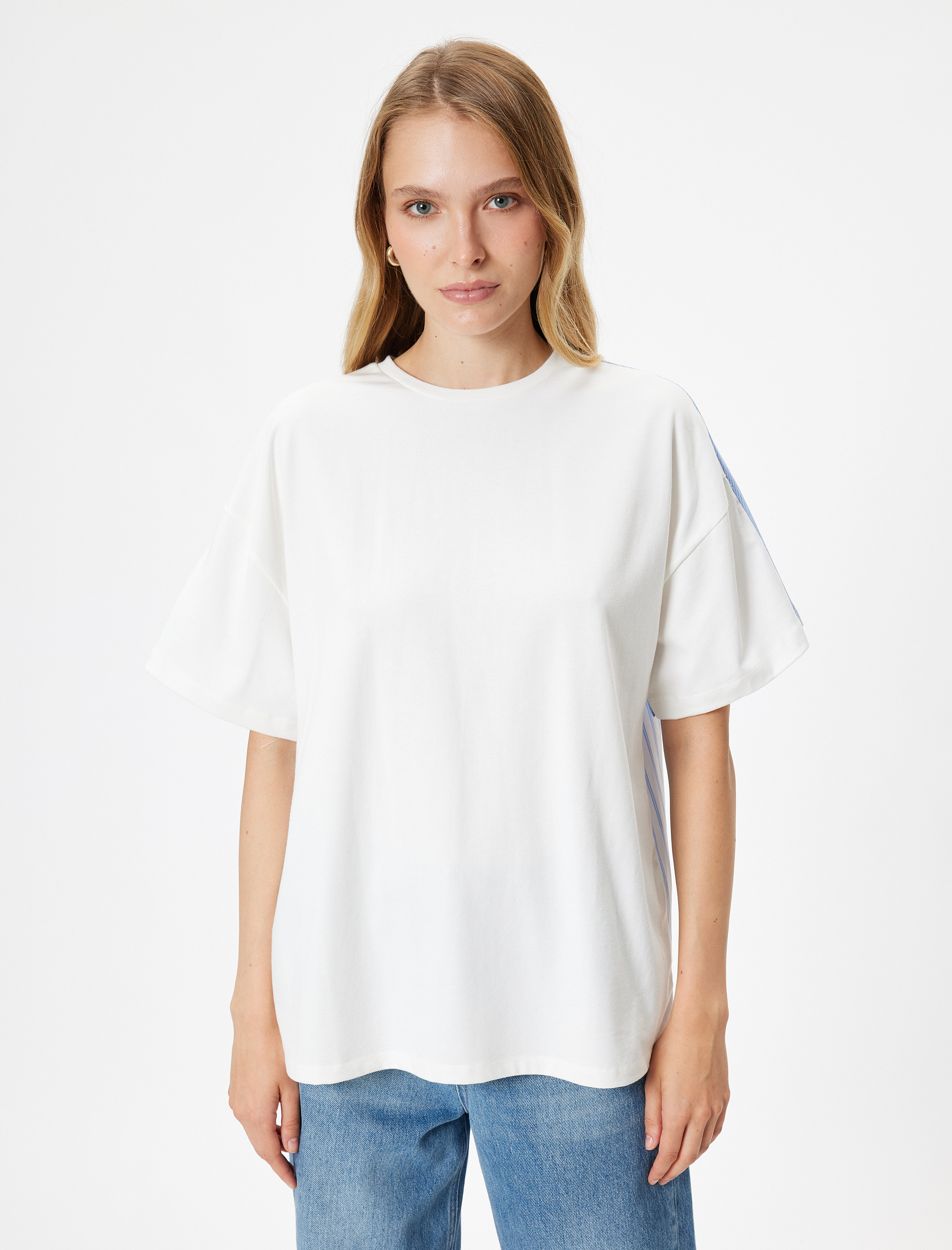   İki Farklı Kumaş Kullanımlı Kısa Kollu Pamuklu Çizgili Tişört